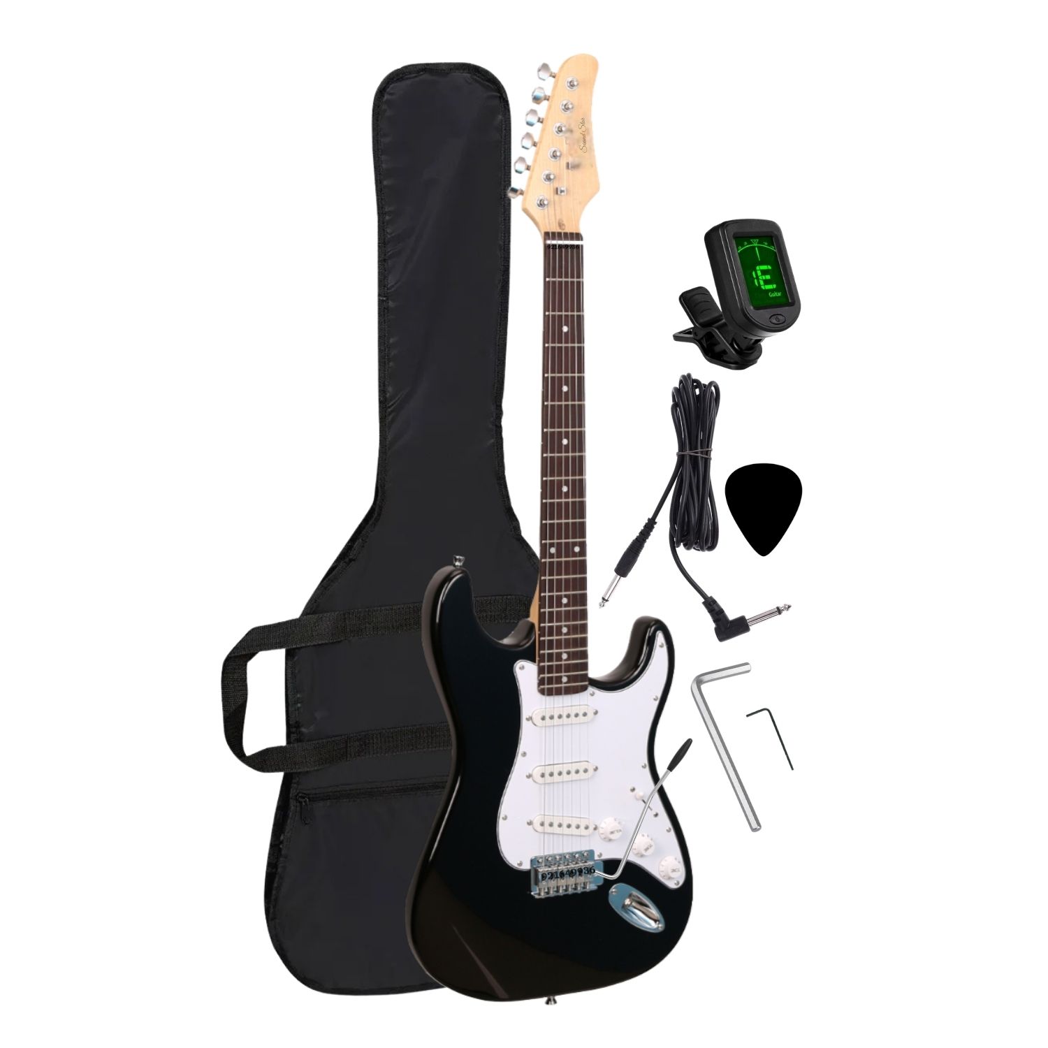 GUITARRA ELÉCTRICA COLOR NEGRO CON AFINADOR FUNDA Y ACCESORIOS - 1