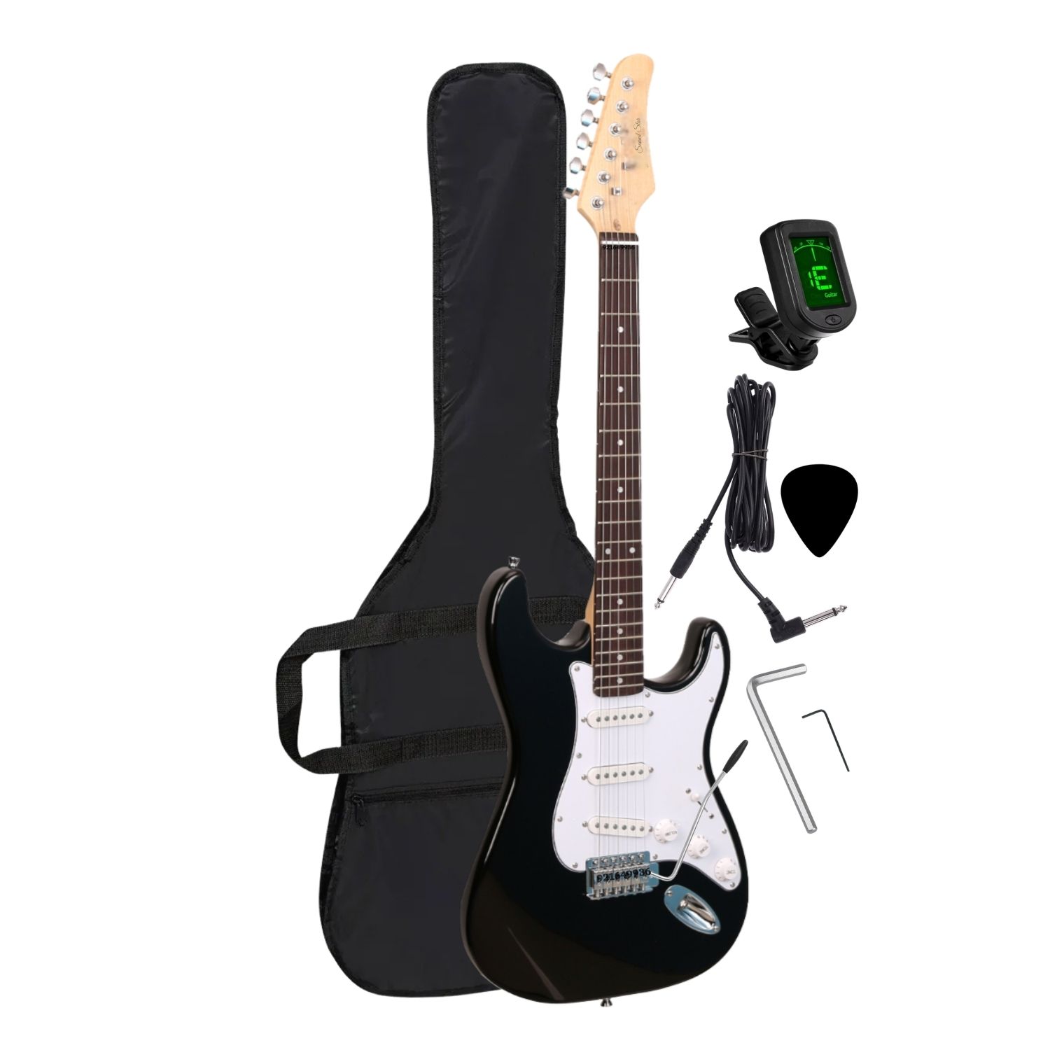 GUITARRA ELÉCTRICA COLOR NEGRO CON AFINADOR FUNDA Y ACCESORIOS - 2