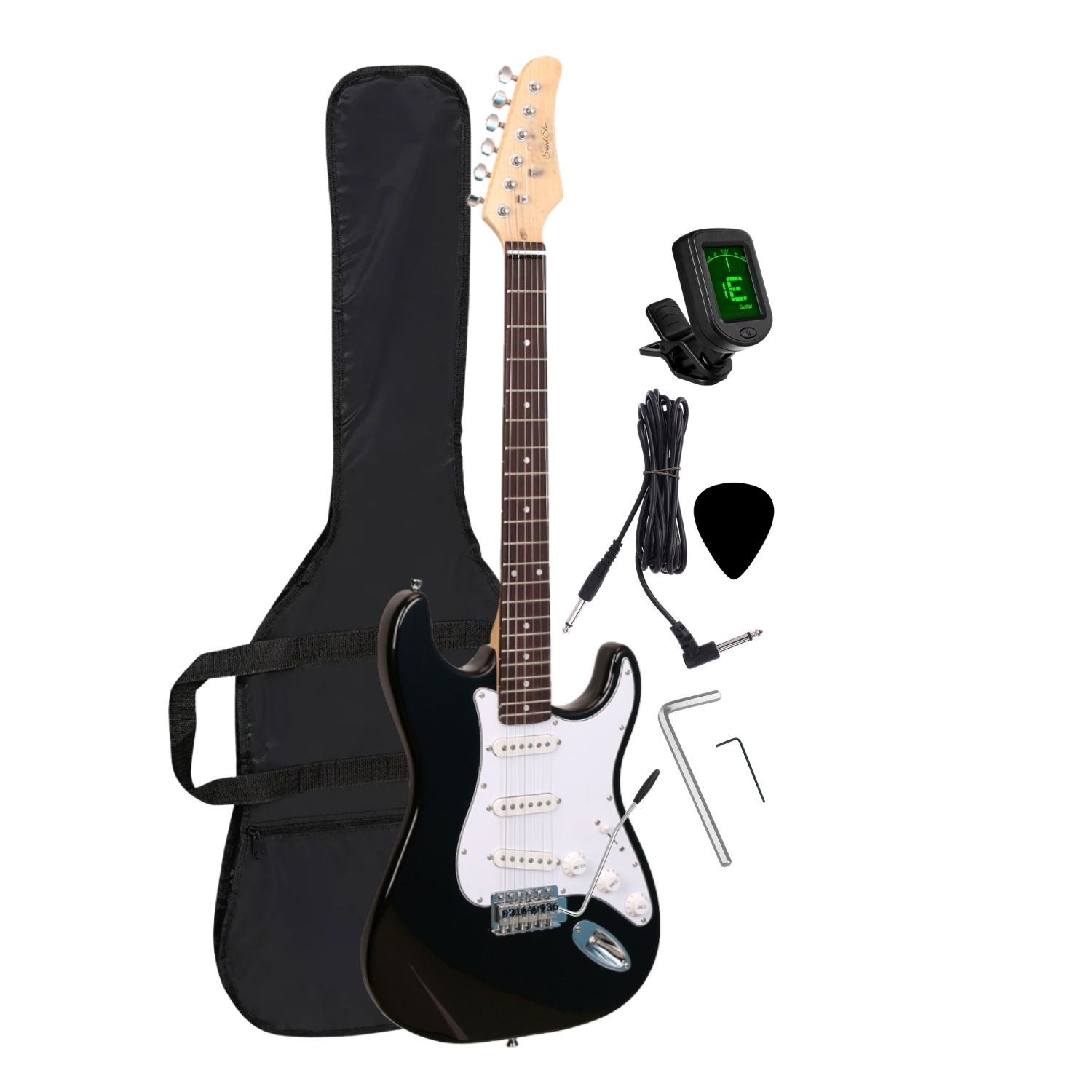 GUITARRA ELÉCTRICA COLOR NEGRO CON AFINADOR FUNDA Y ACCESORIOS - 3