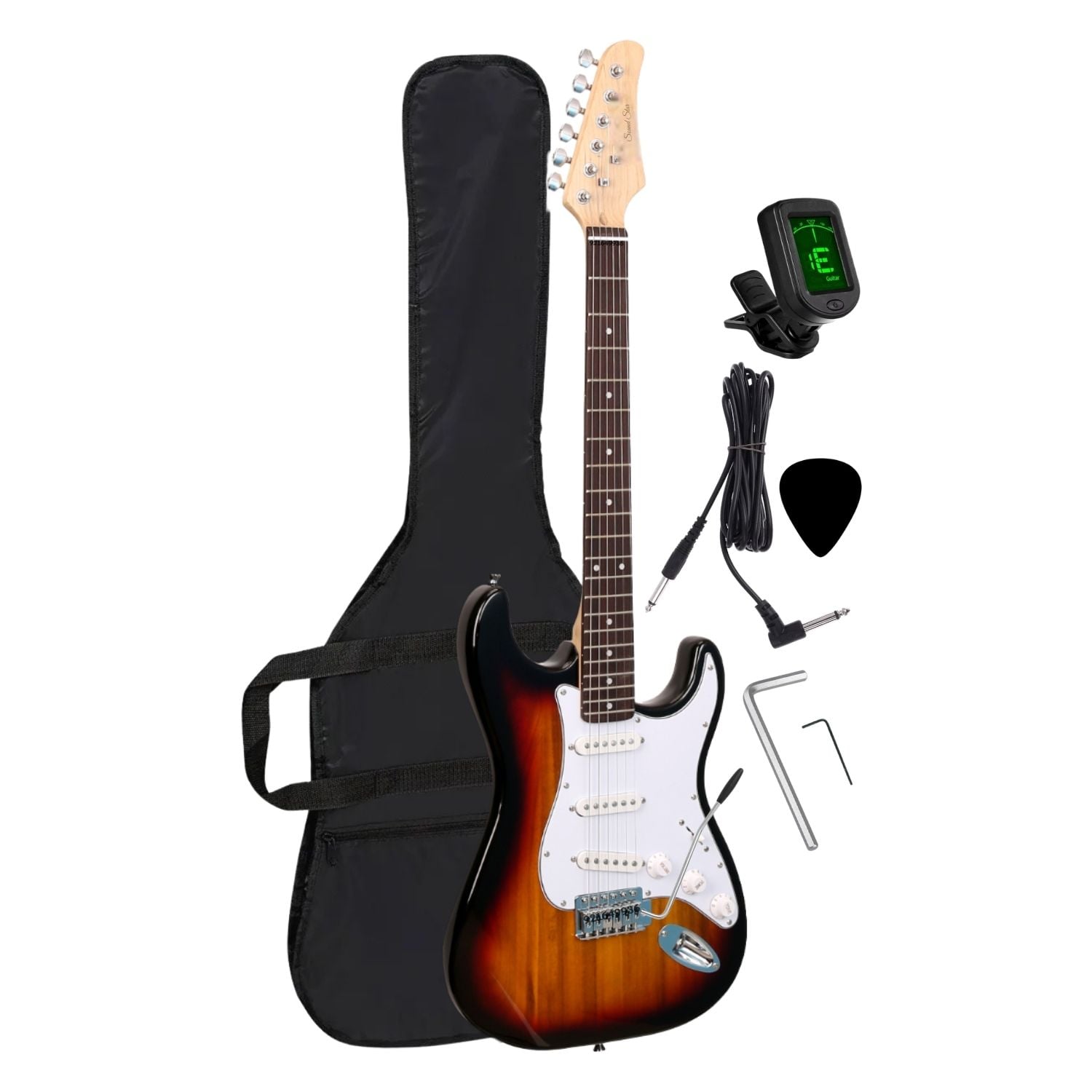 GUITARRA ELÉCTRICA COLOR SUNBURST CON AFINADOR FUNDA Y ACCESORIOS - 1