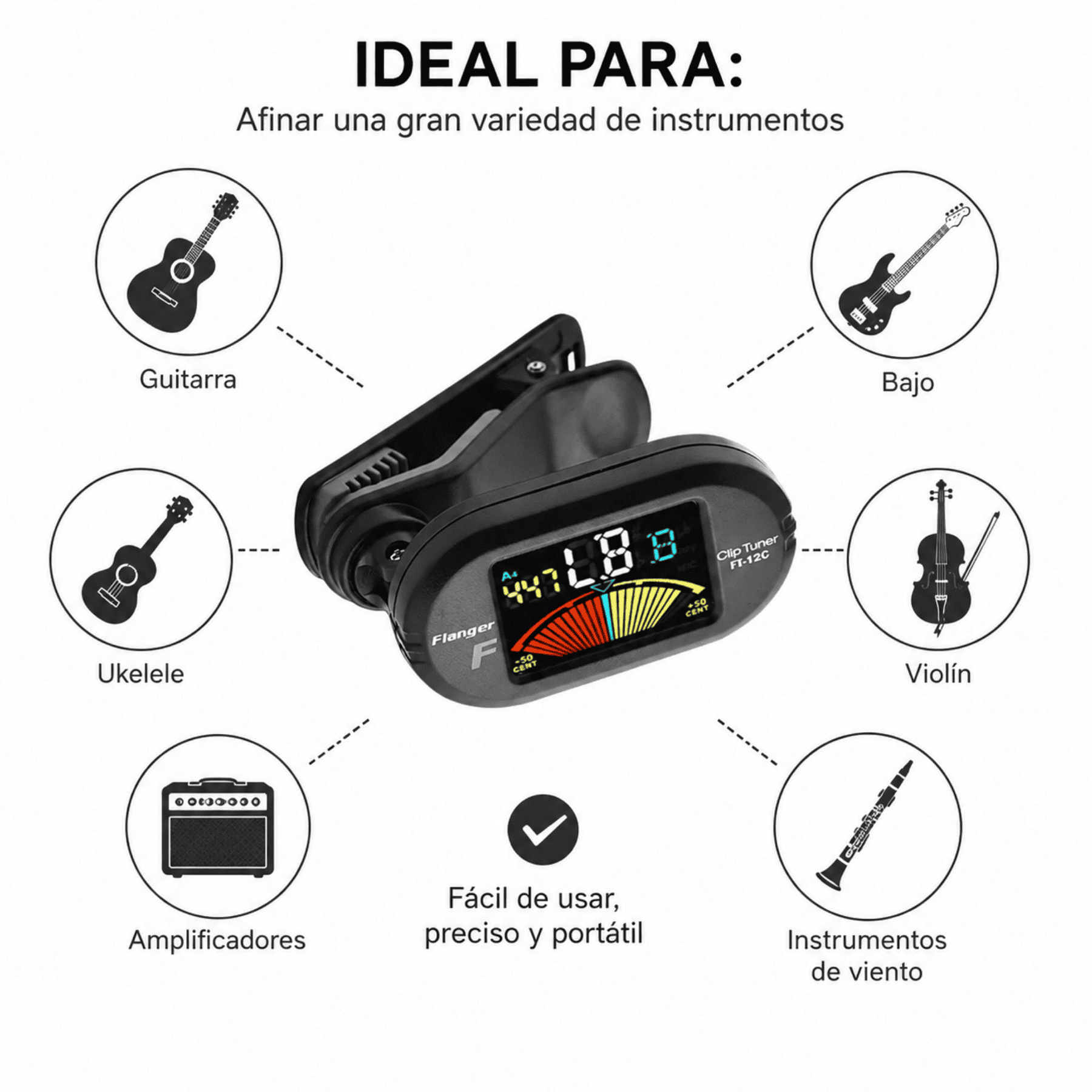 AFINADOR DIGITAL FLANGER PROFESIONAL CROMÁTICO DE PINZA PARA GUITARRA BAJO UKELELE VIOLÍN Y MAS - 1