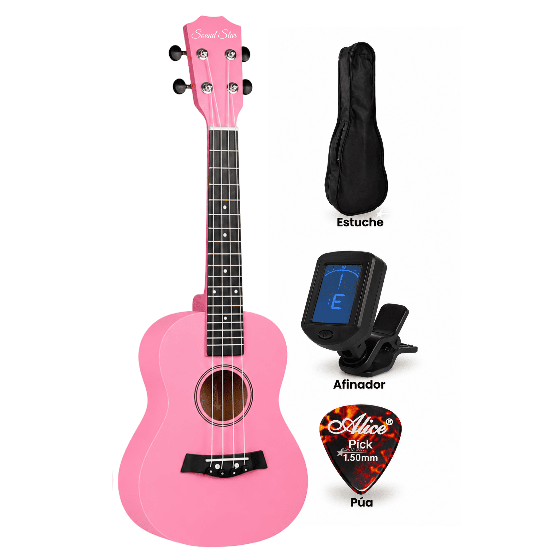 UKELELE CONCIERTO ROSADO CON 4 CUERDAS CON FUNDA Y ACCESORIOS COMPLETO - 1