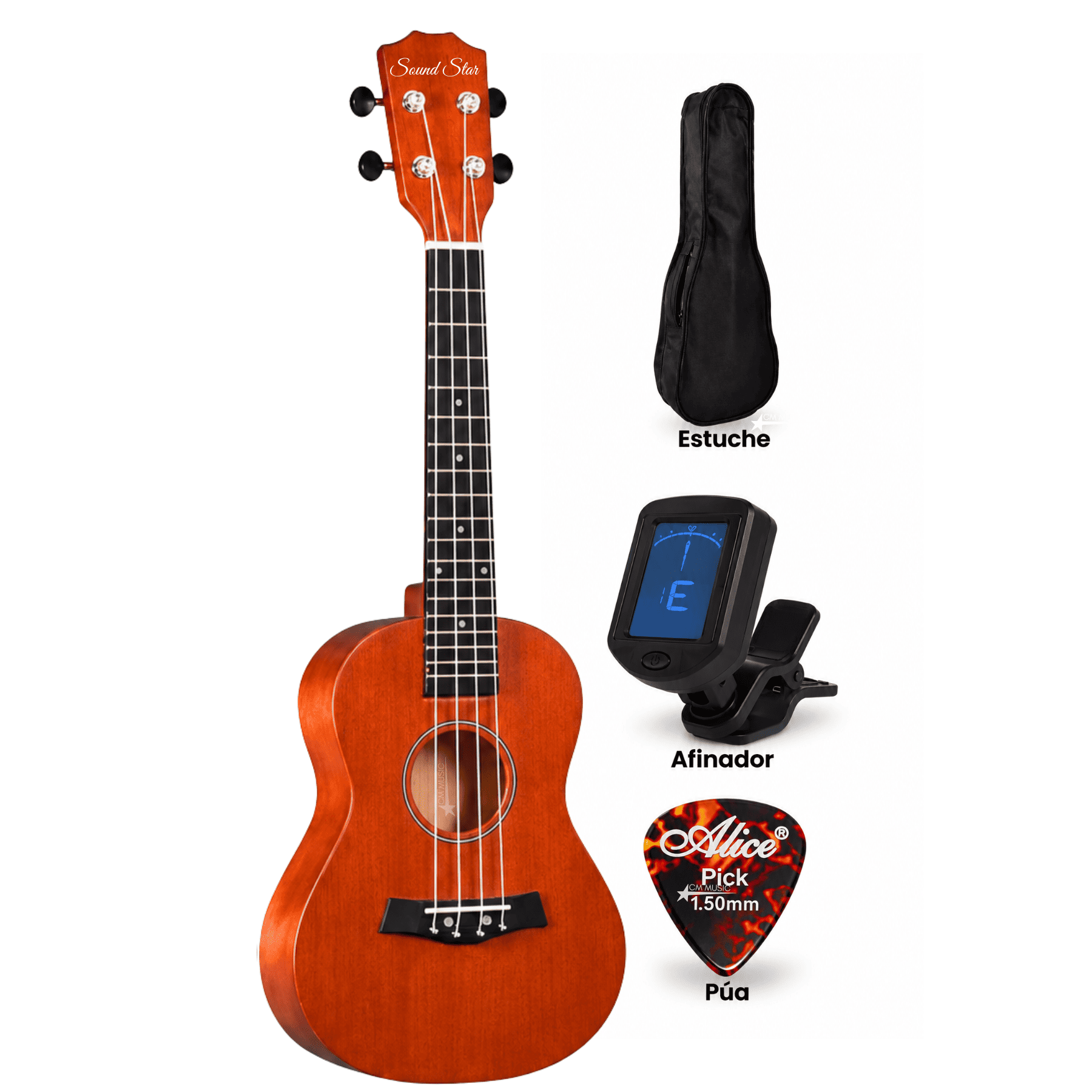 UKELELE CONCIERTO BROWN CON 4 CUERDAS CON FUNDA Y ACCESORIOS COMPLETO - 1