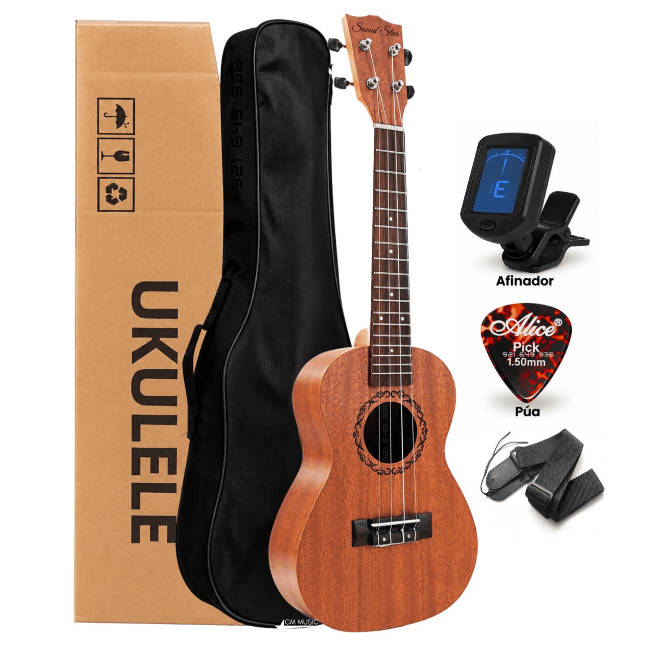 UKELELE CONCIERTO DE MADERA CON AFINADOR FUNDA Y CORREA - 1