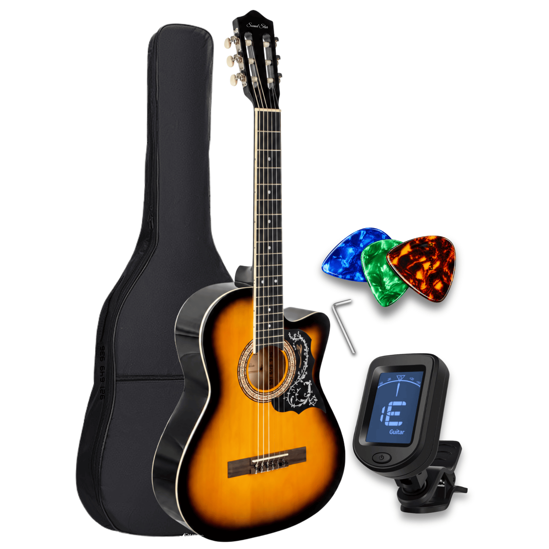 GUITARRA ACUSTICA CLASICA COLOR SUNBURST CON ACCESORIOS - 1