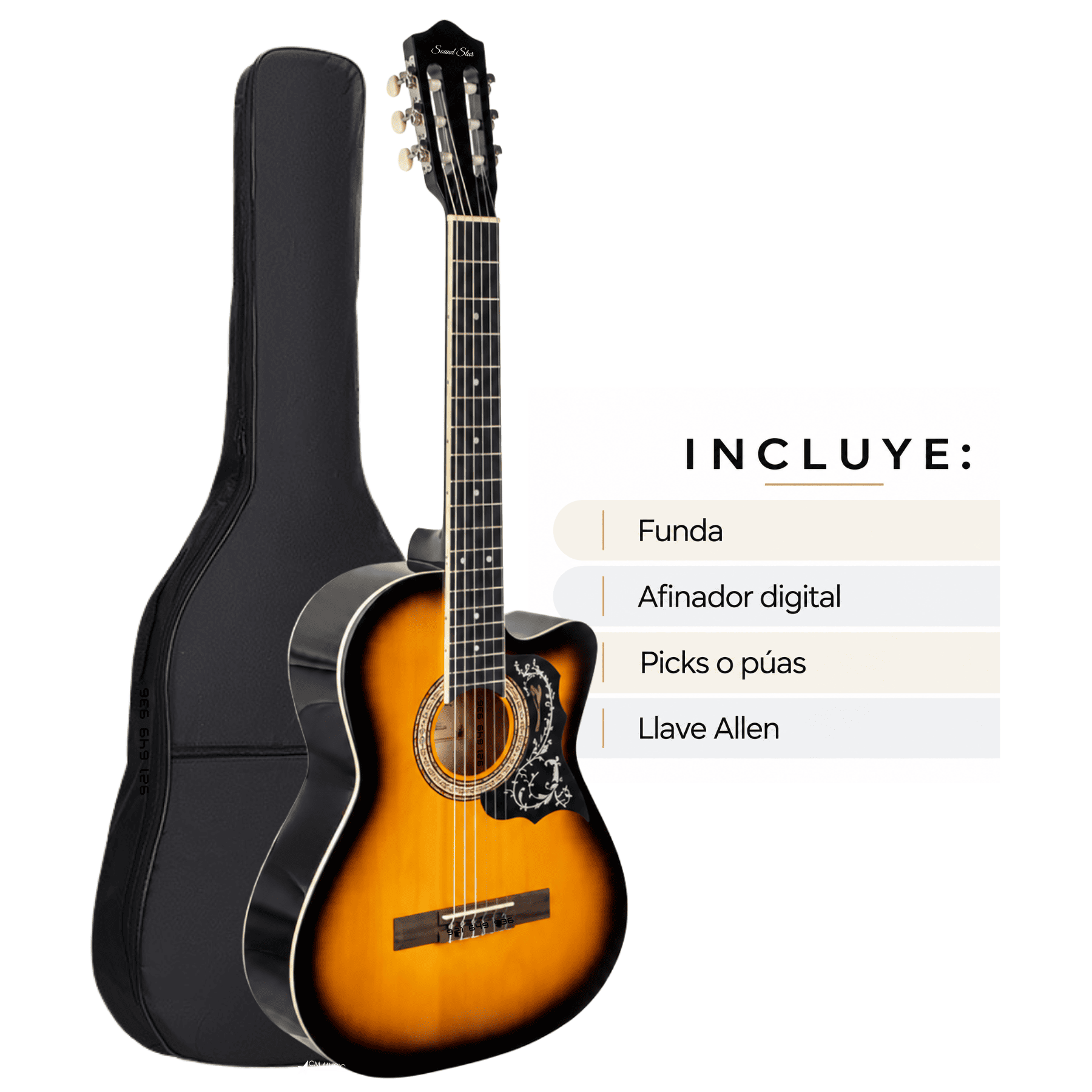 GUITARRA ACUSTICA CLASICA COLOR SUNBURST CON ACCESORIOS - 2