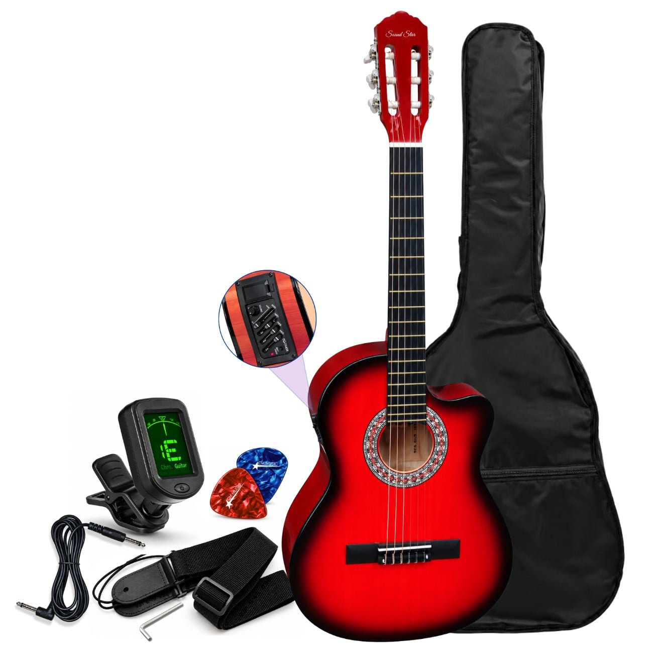 GUITARRA ELECTROACÚSTICO NYLON COLOR ROJO KIT COMPLETO DE ACCESORIOS - 1