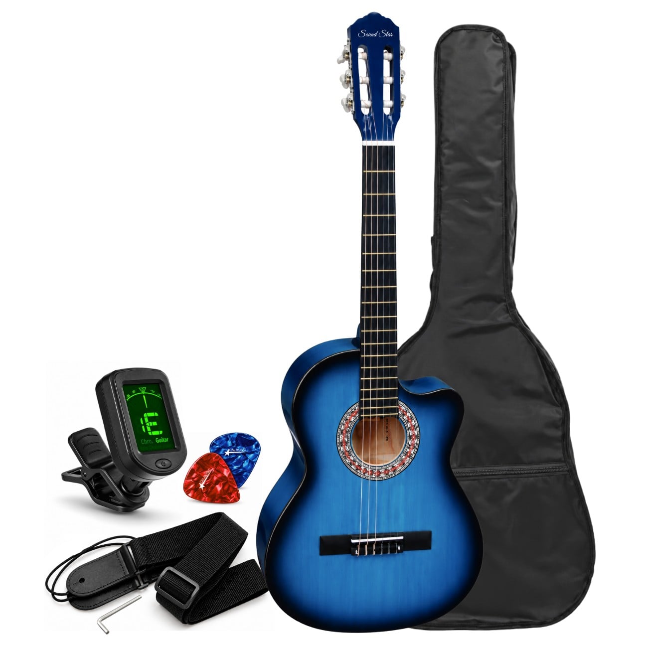 GUITARRA ACUSTICA NYLON COLOR AZUL CON FUNDA AFINADOR DIGITAL Y ACCESORIOS - 3