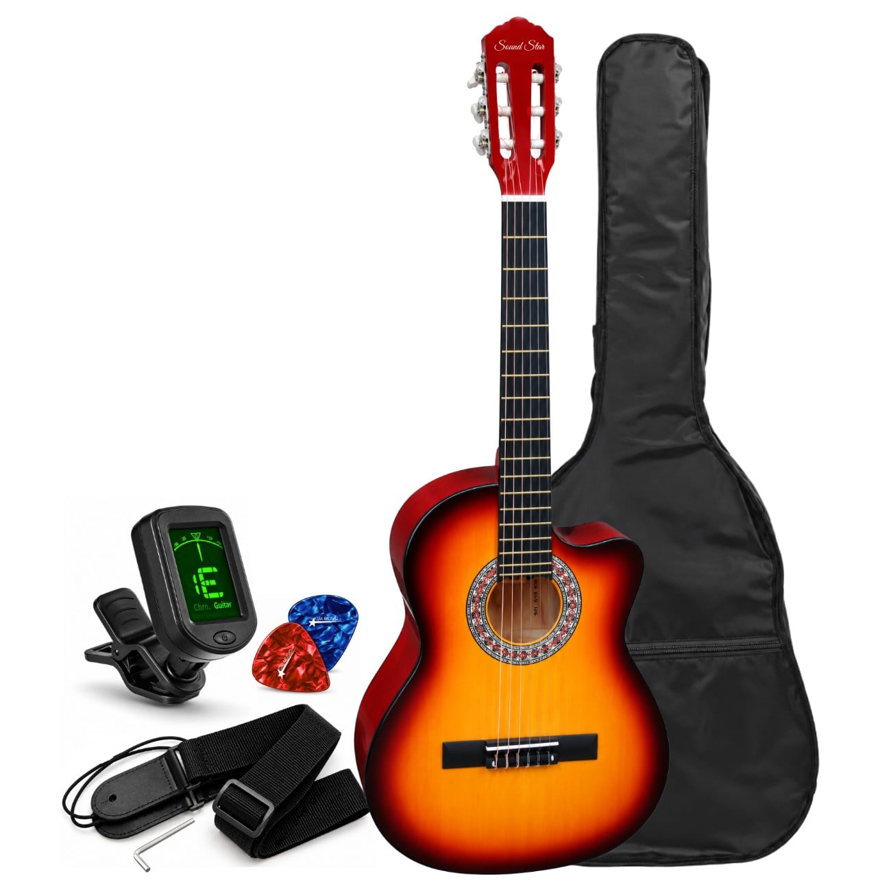 GUITARRA ACUSTICA NYLON COLOR SUNBURST CON FUNDA AFINADOR DIGITAL Y ACCESORIOS - 1