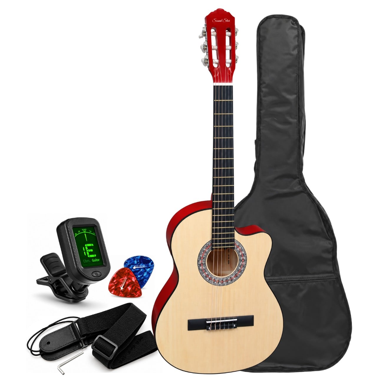 GUITARRA ACUSTICA NYLON COLOR NATURAL CON FUNDA AFINADOR DIGITAL Y ACCESORIOS - 1