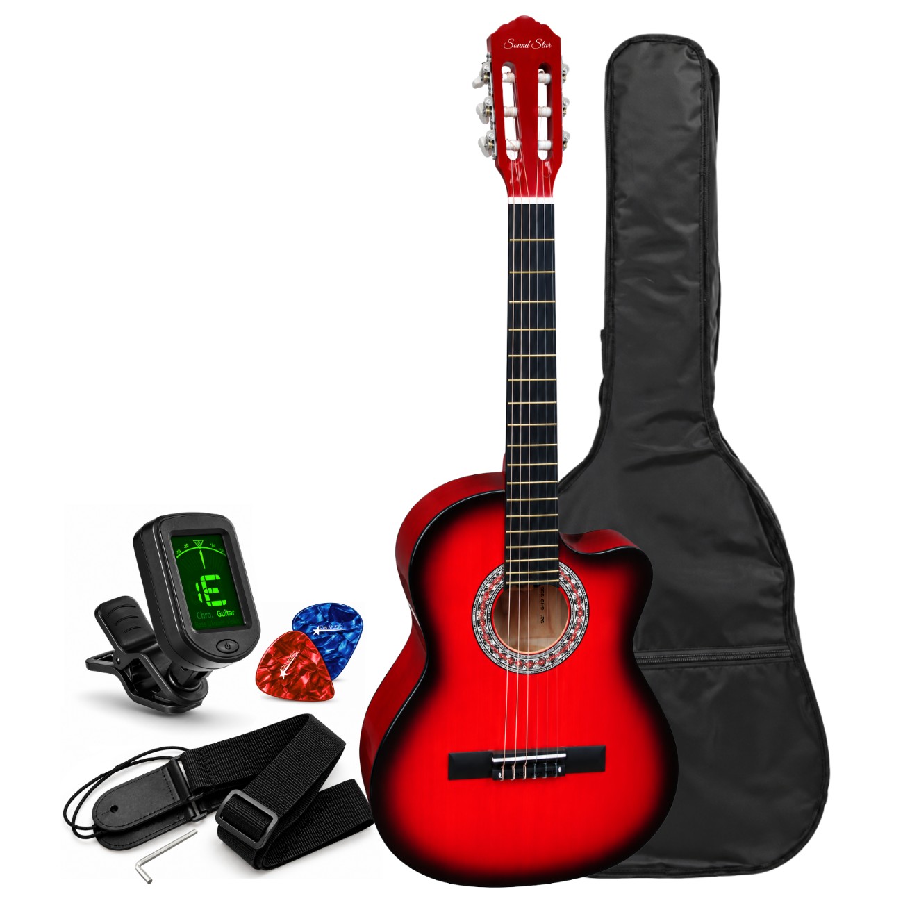 GUITARRA ACUSTICA NYLON COLOR ROJO CON FUNDA AFINADOR DIGITAL Y ACCESORIOS - 3