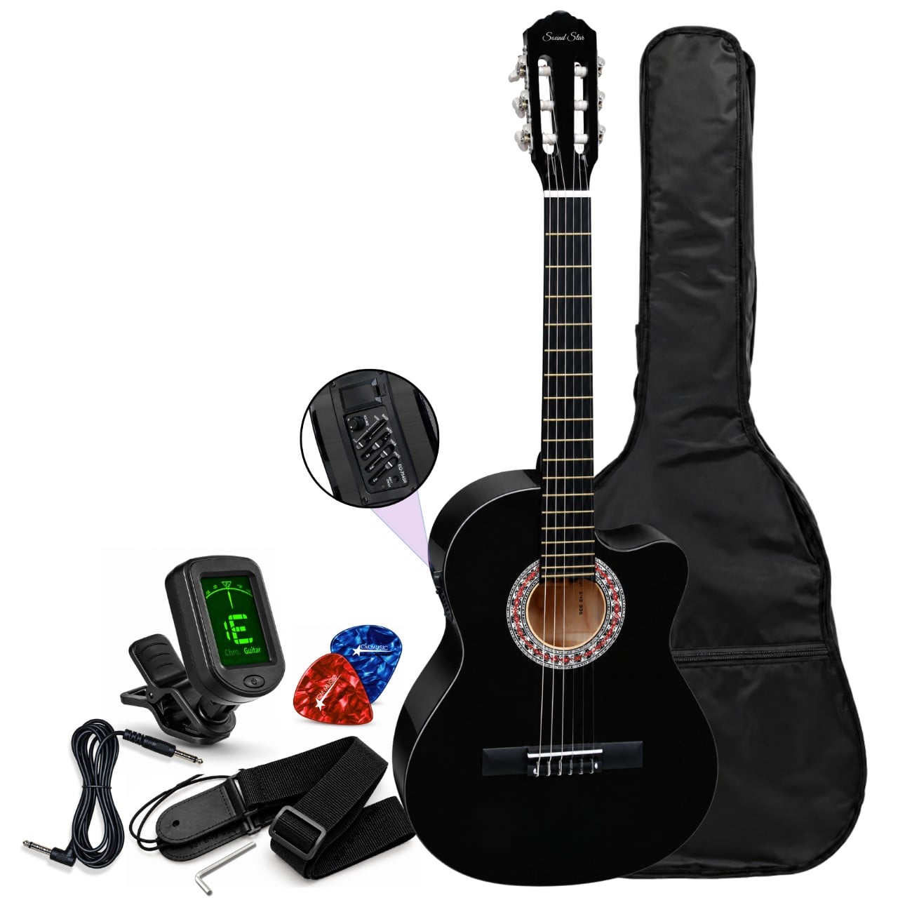 GUITARRA ELECTROACUSTICO NYLON COLOR NEGRO KIT COMPLETO DE ACCESORIOS - 1