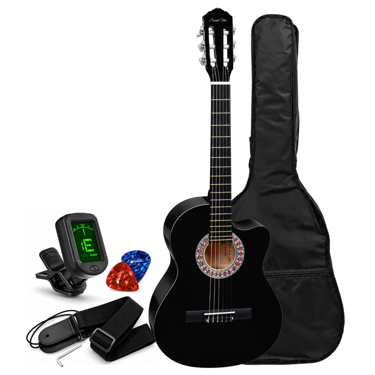 GUITARRA ACUSTICA NYLON COLOR NEGRO CON FUNDA AFINADOR DIGITAL Y ACCESORIOS - 3