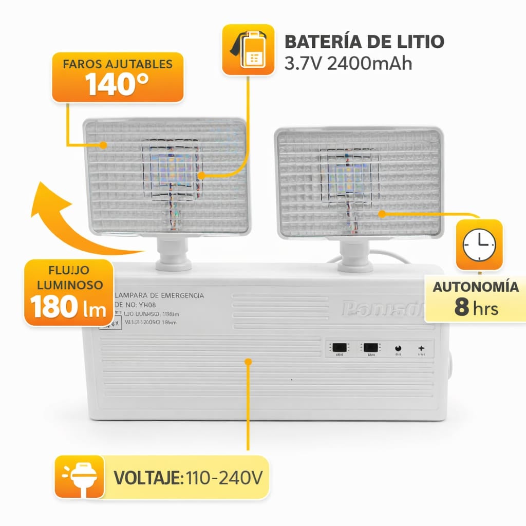 LUZ DE EMERGENCIA LED PORTIZA YJ08 180LM BATERÍA LITIO 8H FAROS AJUSTABLES 110-240V BLANCO - 2