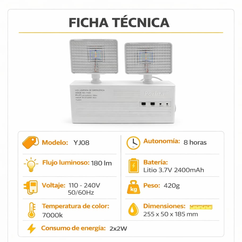 LUZ DE EMERGENCIA LED PORTIZA YJ08 180LM BATERÍA LITIO 8H FAROS AJUSTABLES 110-240V BLANCO - 4