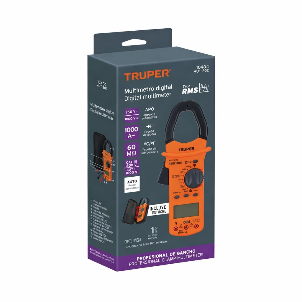 MULTIMETRO DIGITAL DE GANCHO TRUPER MUT-202 TRUE RMS 1000A MEDIDOR ELECTRICO CON TEMPERATURA Y ESTUCHE - 6
