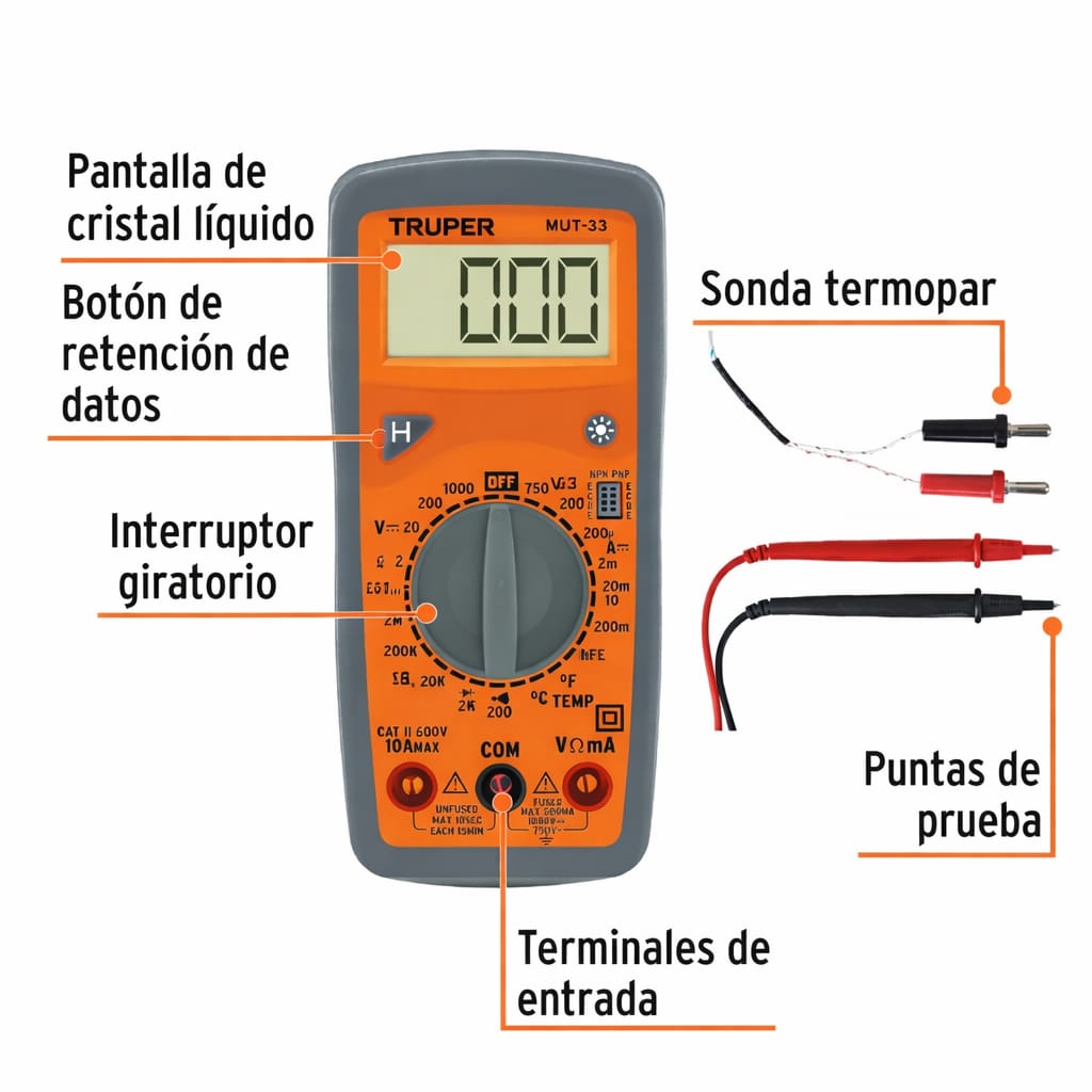 MULTIMETRO DIGITAL TRUPER MUT-33 MEDIDOR ELECTRICO VOLTAJE CORRIENTE RESISTENCIA CON TEMPERATURA - 2