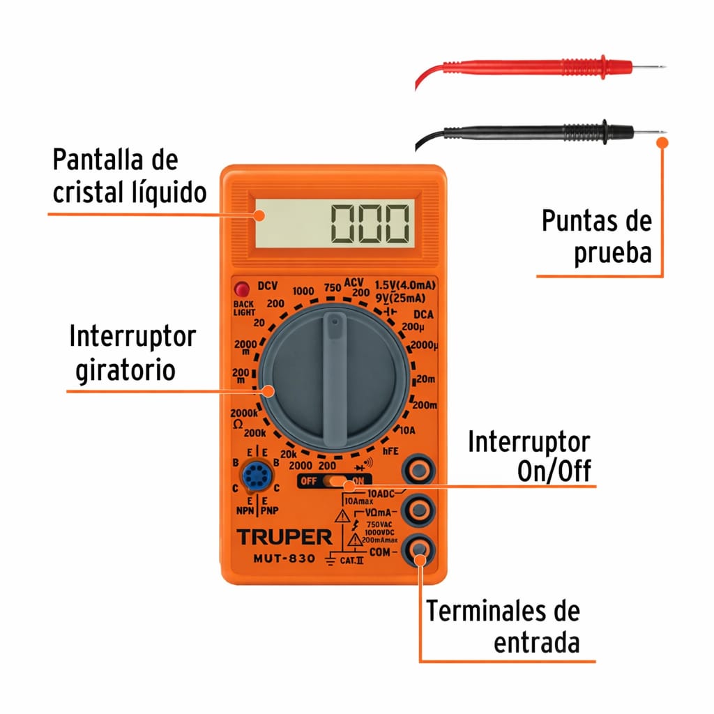 MULTIMETRO DIGITAL TRUPER MUT-830 MULTITESTER MEDIDOR VOLTAJE CORRIENTE RESISTENCIA PORTATIL N - 3