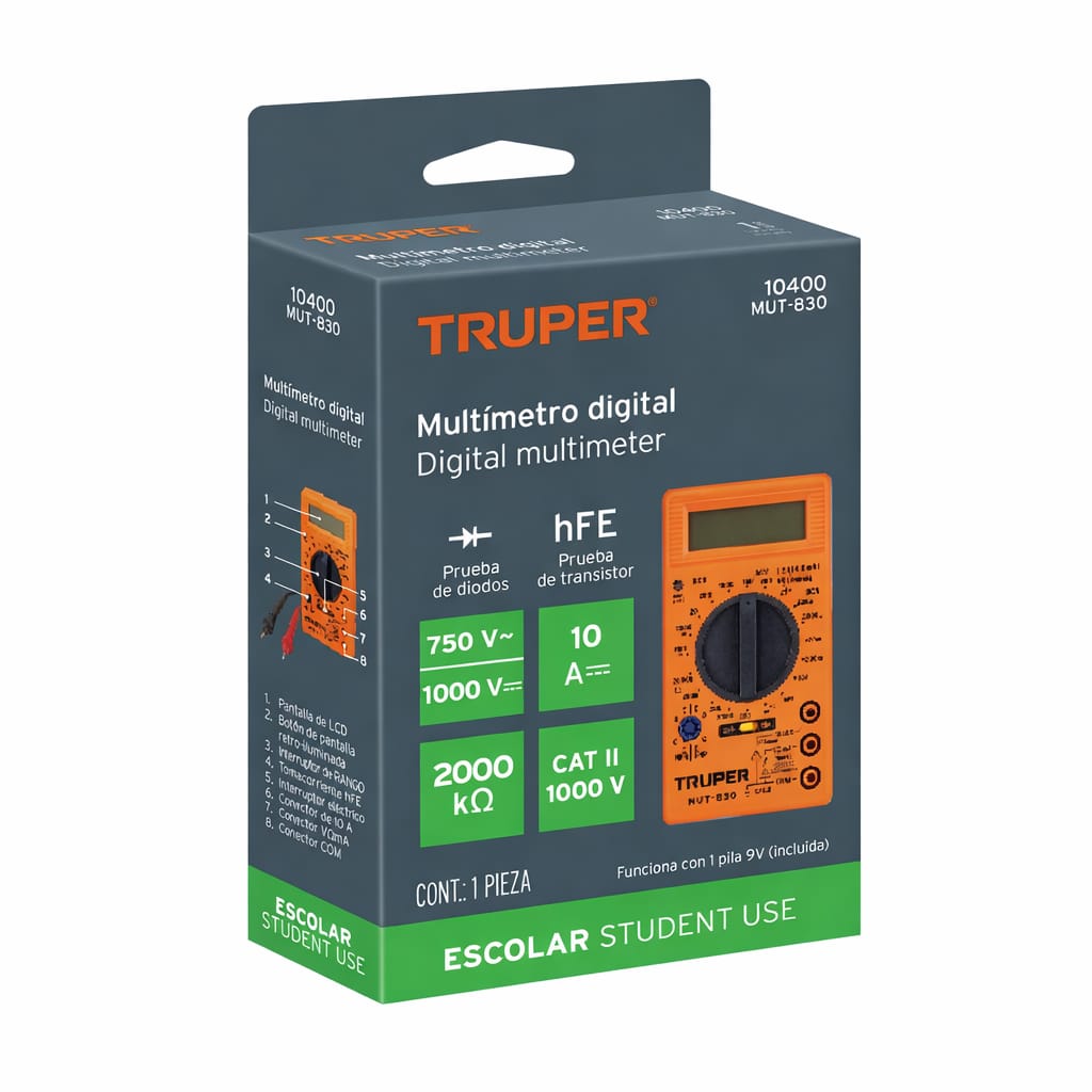 MULTIMETRO DIGITAL TRUPER MUT-830 MULTITESTER MEDIDOR VOLTAJE CORRIENTE RESISTENCIA PORTATIL N - 5