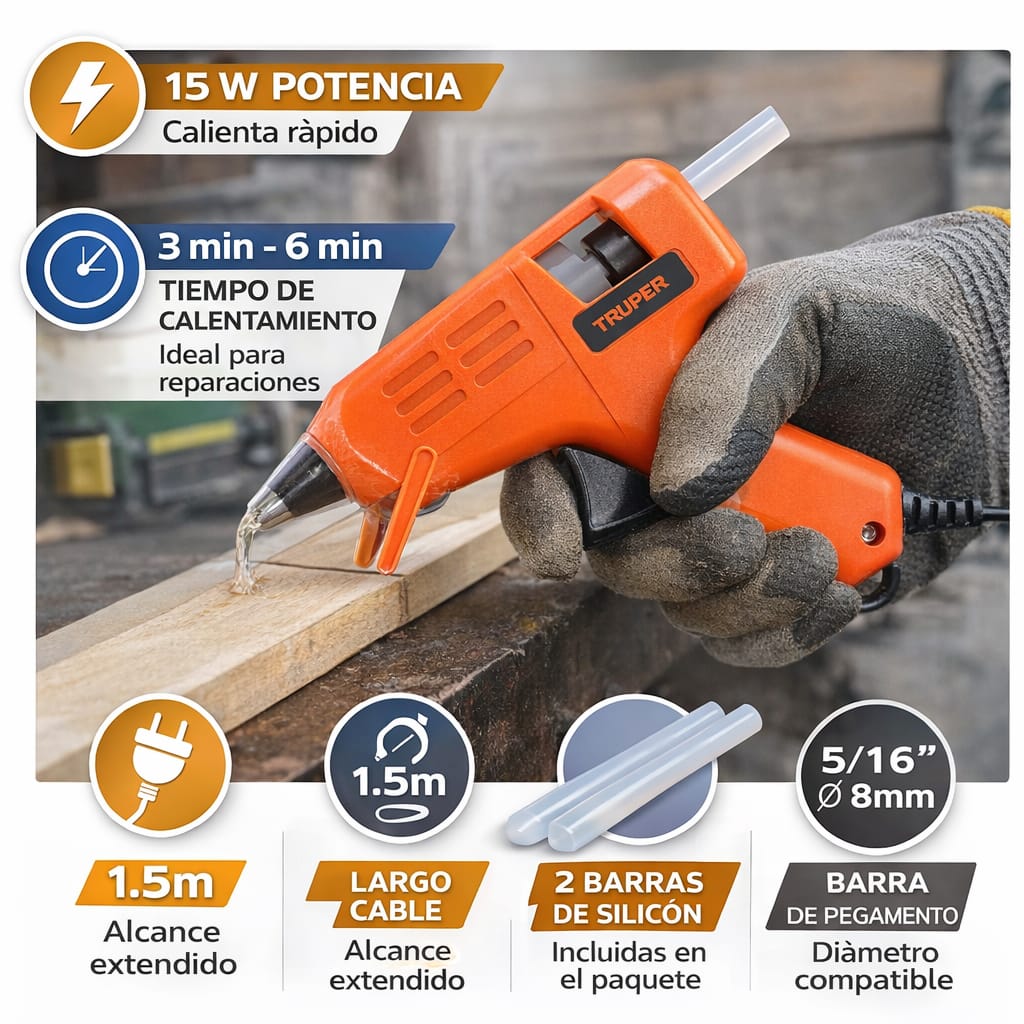 PISTOLA DE SILICONA TRUPER 15W 220V BARRA 8MM 5/16' PEGAMENTO HOT MELT USO HOGAR - 4
