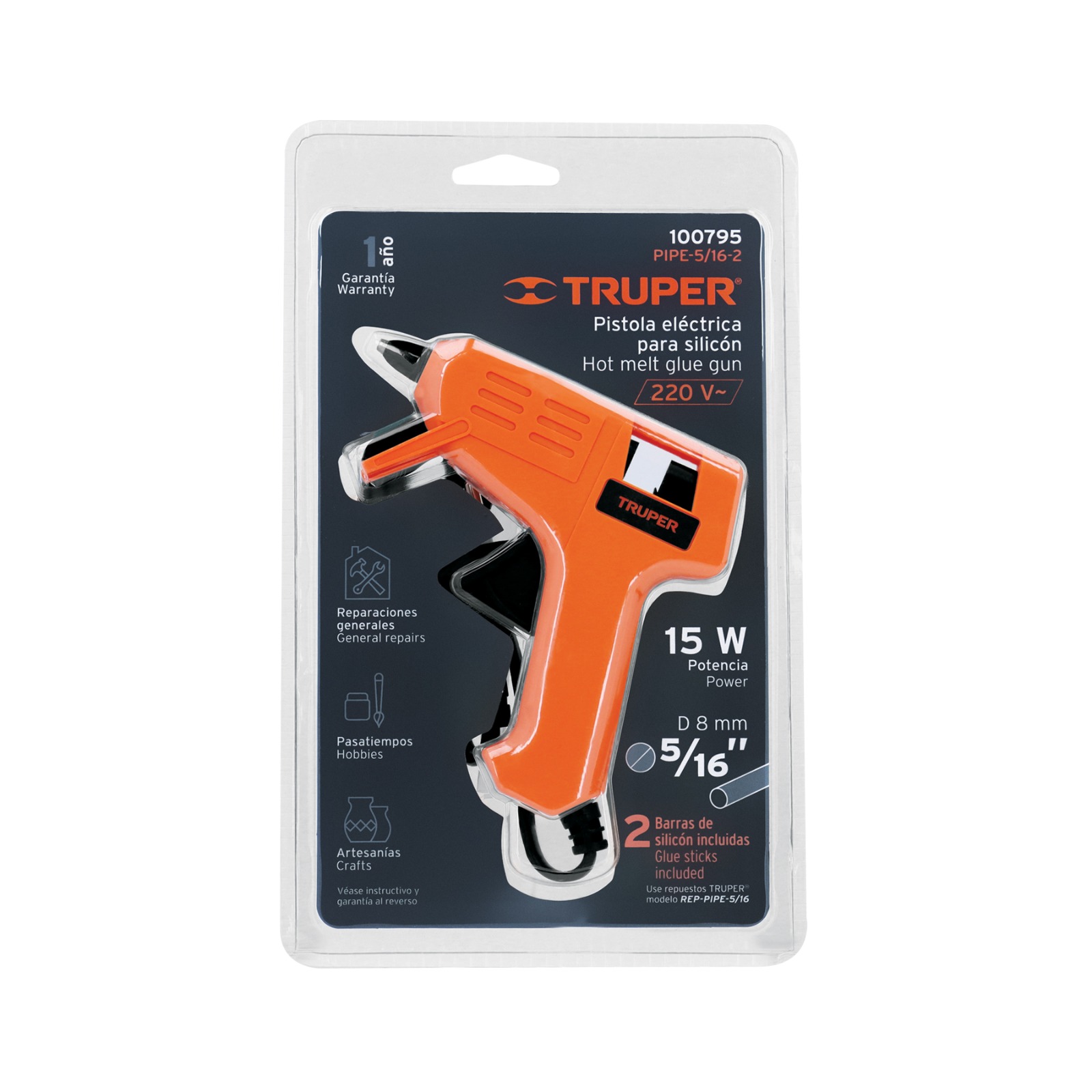 PISTOLA DE SILICONA TRUPER 15W 220V BARRA 8MM 5/16' PEGAMENTO HOT MELT USO HOGAR - 5