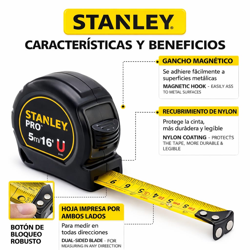 CINTA METRICA WINCHA STANLEY PRO 5 METROS PUNTA IMANTADA PROFESIONAL - 2