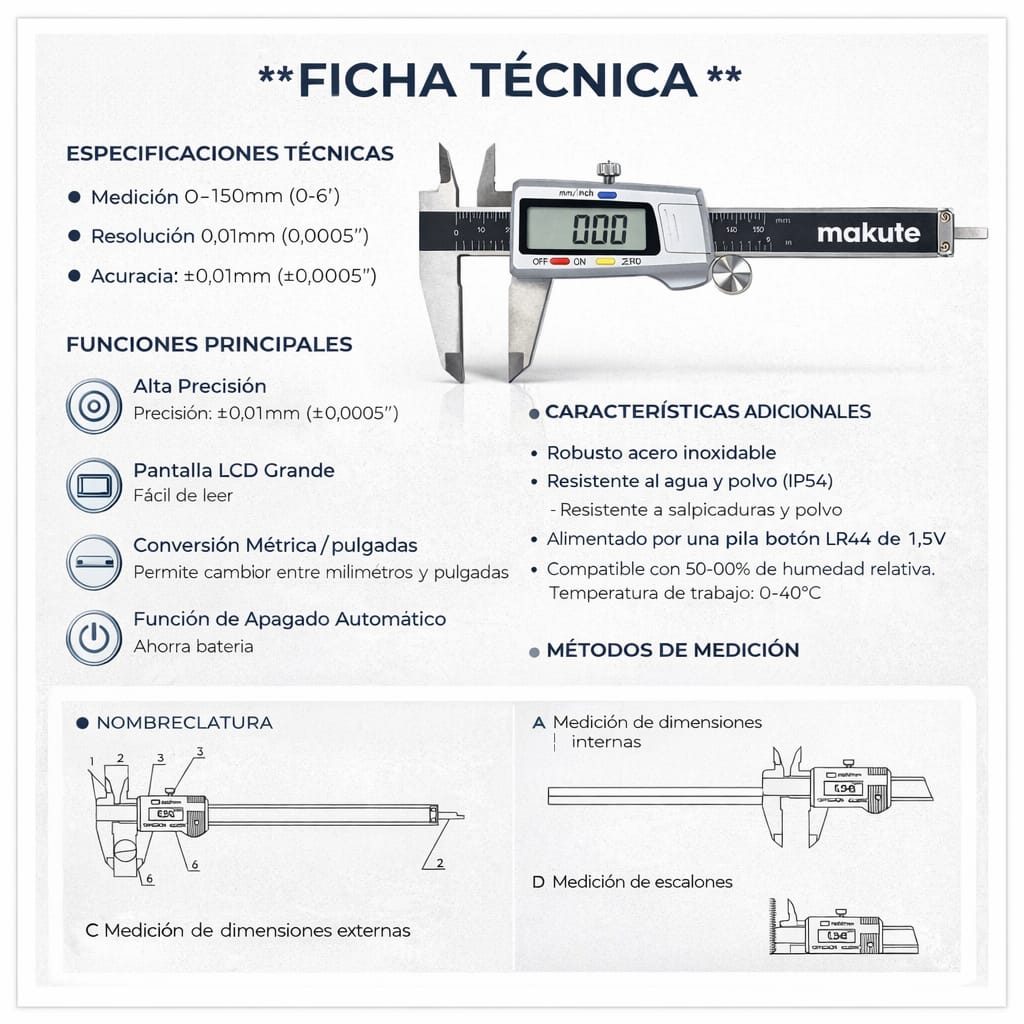 CALIBRADOR VERNIER DIGITAL MAKUTE 150MM ACERO INOX ALTA PRECISIÓN LCD - 6