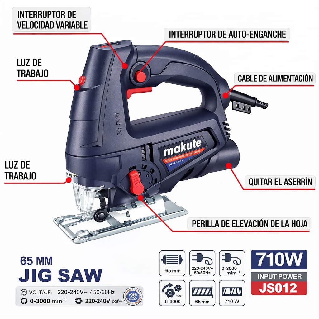 SIERRA CALADORA 710W MAKUTE INDUSTRIAL CON GUÍA LASER CORTE MADERA Y METAL - 2
