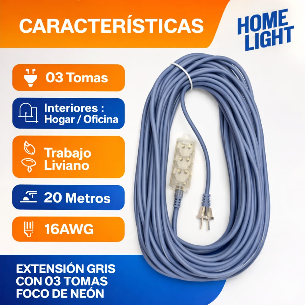 EXTENSIÓN ELÉCTRICA 20 METROS GRIS CON 3 TOMAS HOME LIGH - 2