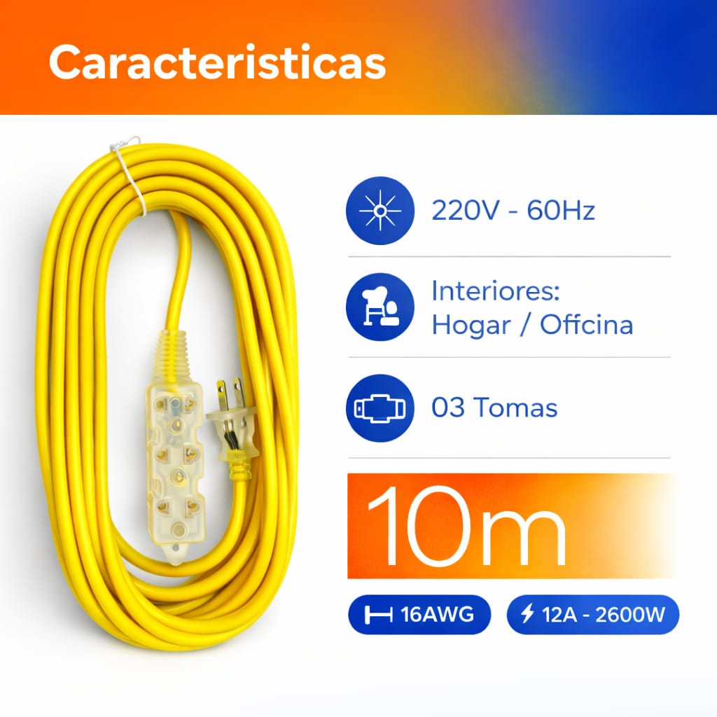 EXTENSIÓN ELÉCTRICA 15 METROS 3 TOMAS CABLE VULCANIZADO AMARILLO HOME LIGHT - 3