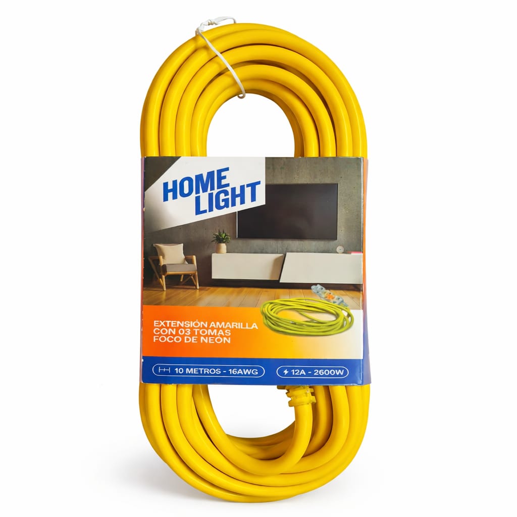 EXTENSIÓN ELÉCTRICA 10 METROS 3 TOMAS CABLE VULCANIZADO AMARILLO HOME LIGHT - 1