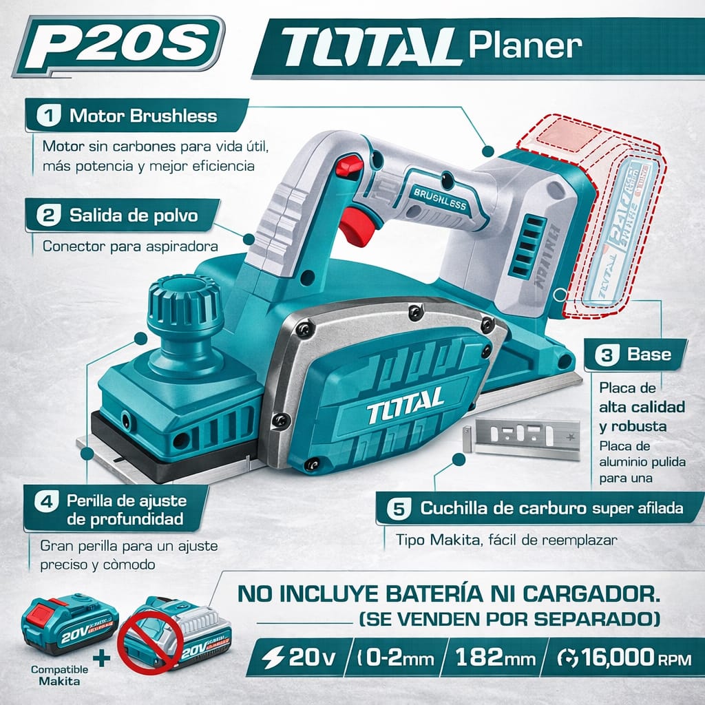 CEPILLO INALÁMBRICO CARPINTERO INDUSTRIAL TOTAL SIN BATERÍA NI CARGADOR TRLI20401 - 2