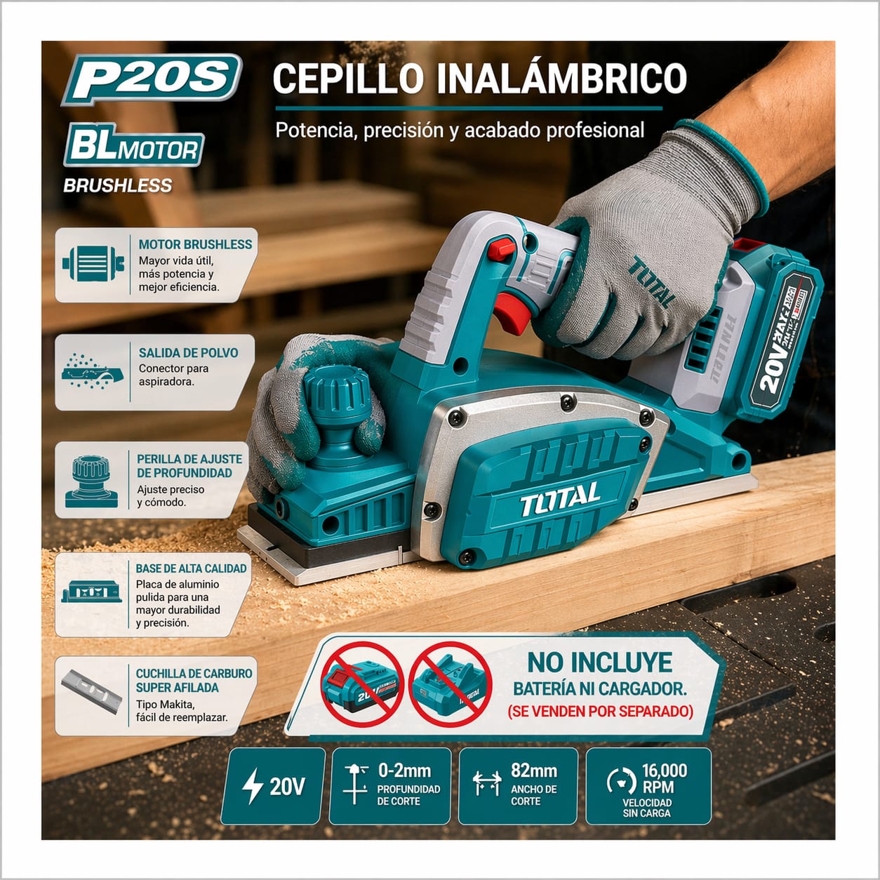 CEPILLO INALÁMBRICO CARPINTERO INDUSTRIAL TOTAL SIN BATERÍA NI CARGADOR TRLI20401 - 5