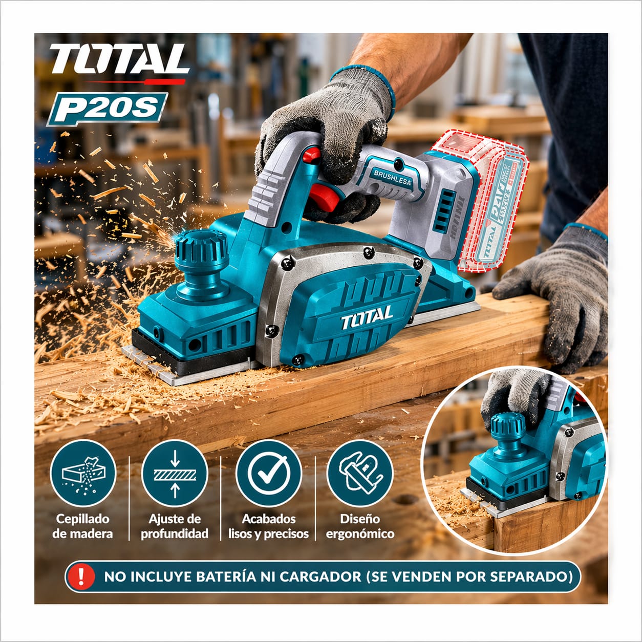 CEPILLO INALÁMBRICO CARPINTERO INDUSTRIAL TOTAL SIN BATERÍA NI CARGADOR TRLI20401 - 6