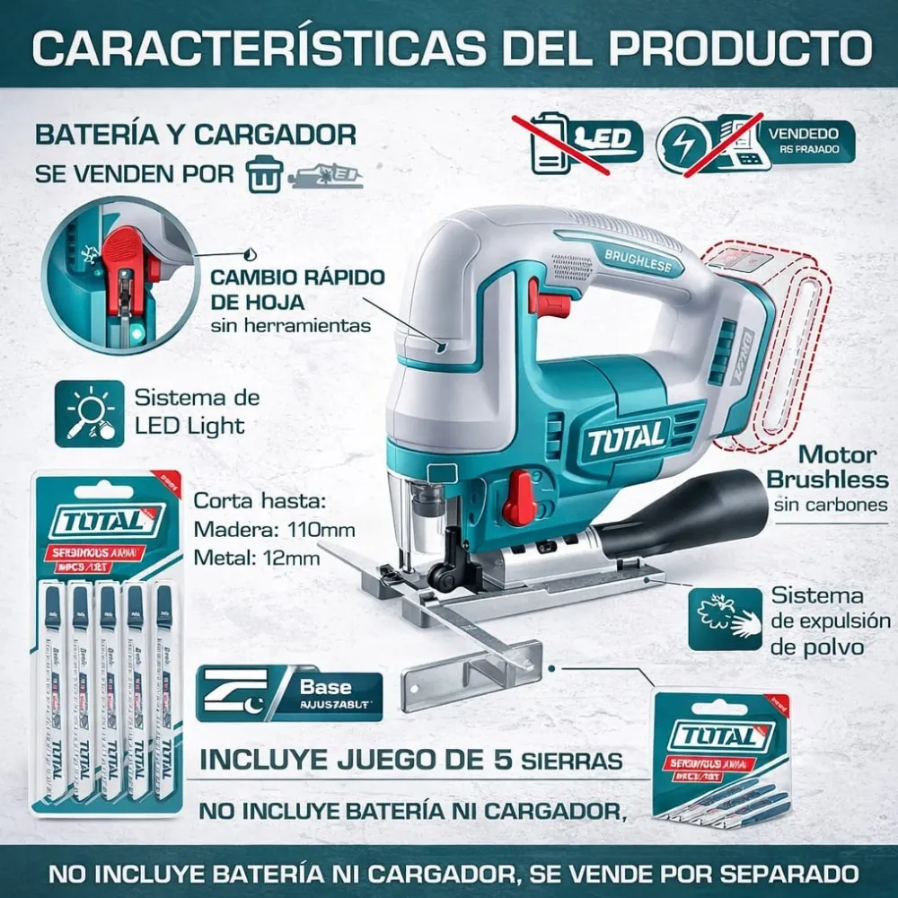 SIERRA CALADORA INALÁMBRICA TOTAL INDUSTRIAL SIN BATERÍA NI CARGADOR TJSLI1008 - 4