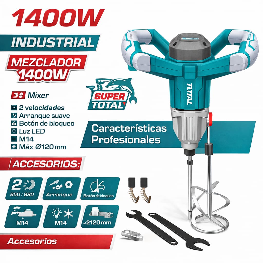 MEZCLADORA Y BATIDORA DE CEMENTO Y PINTURA 1400W TOTAL TD614006 - 4