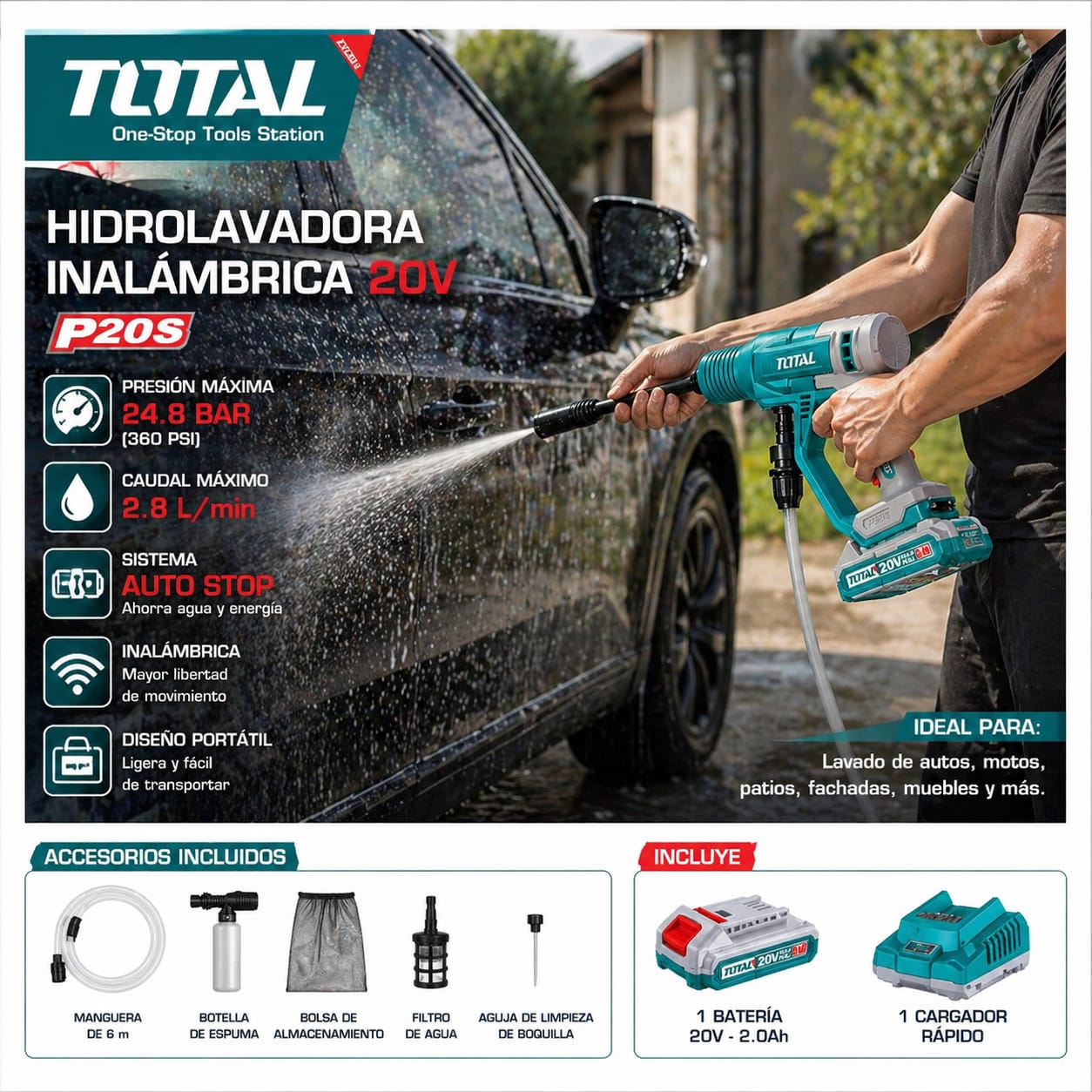 HIDROLAVADORA INALÁMBRICA TOTAL 20V 1 BATERÍA Y CARGADOR TPWLI20362 - 2