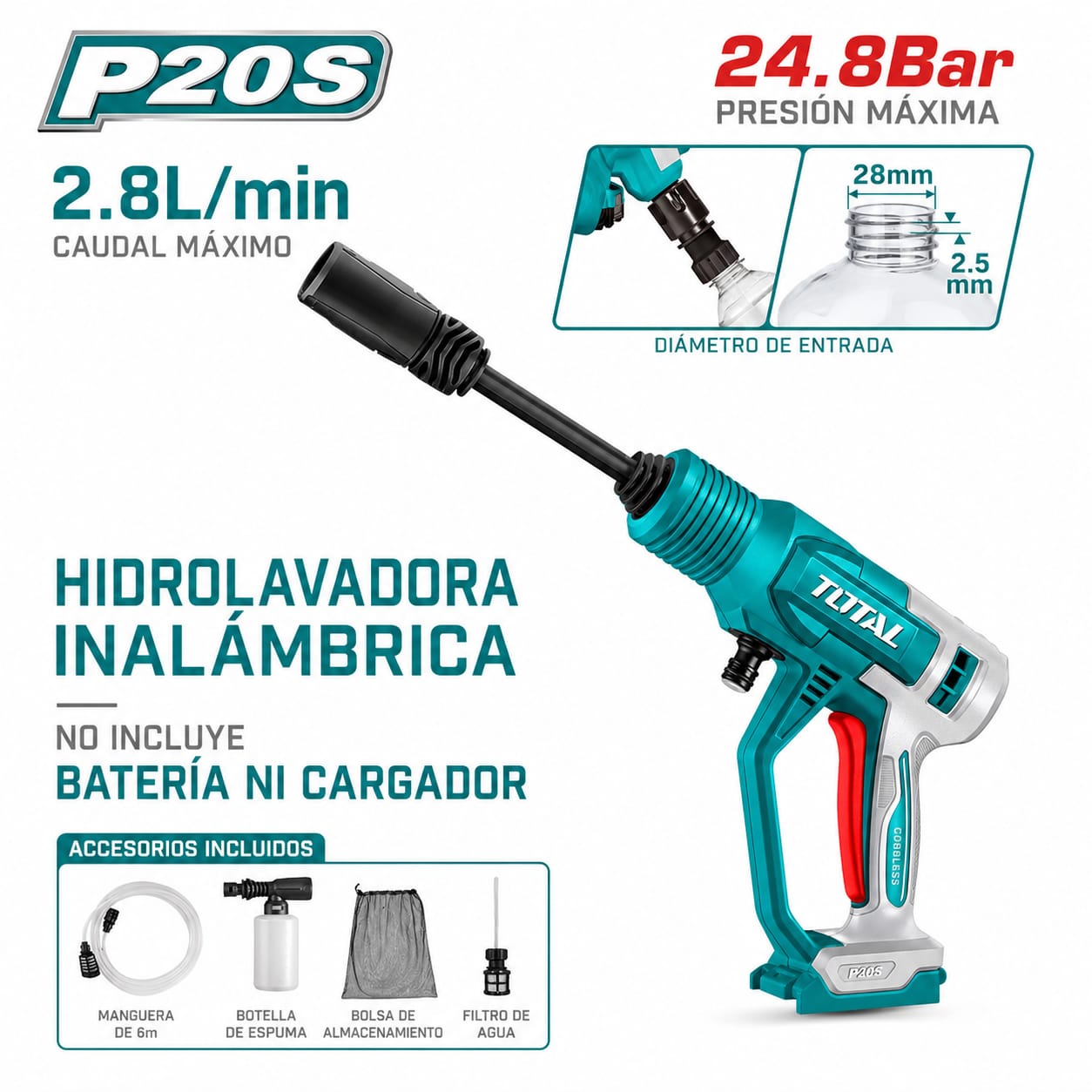 HIDROLAVADORA INALÁMBRICA PORTÁTIL TOTAL 20V SIN BATERÍA NI CARGADOR TPWLI2036 - 1