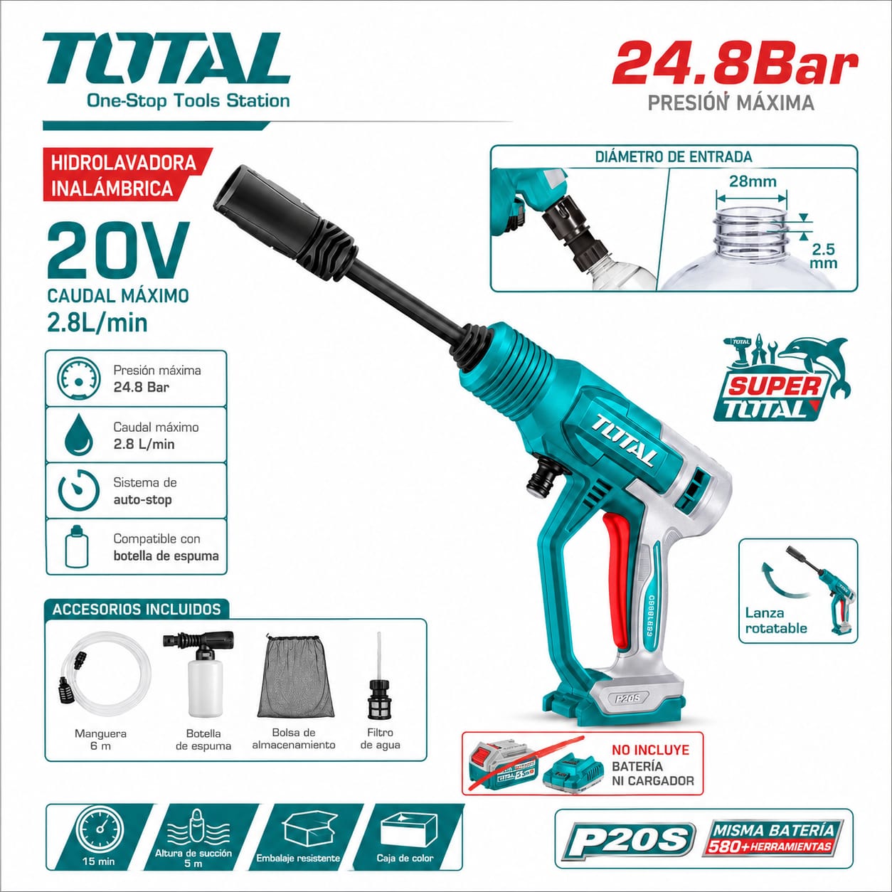 HIDROLAVADORA INALÁMBRICA PORTÁTIL TOTAL 20V SIN BATERÍA NI CARGADOR TPWLI2036 - 2