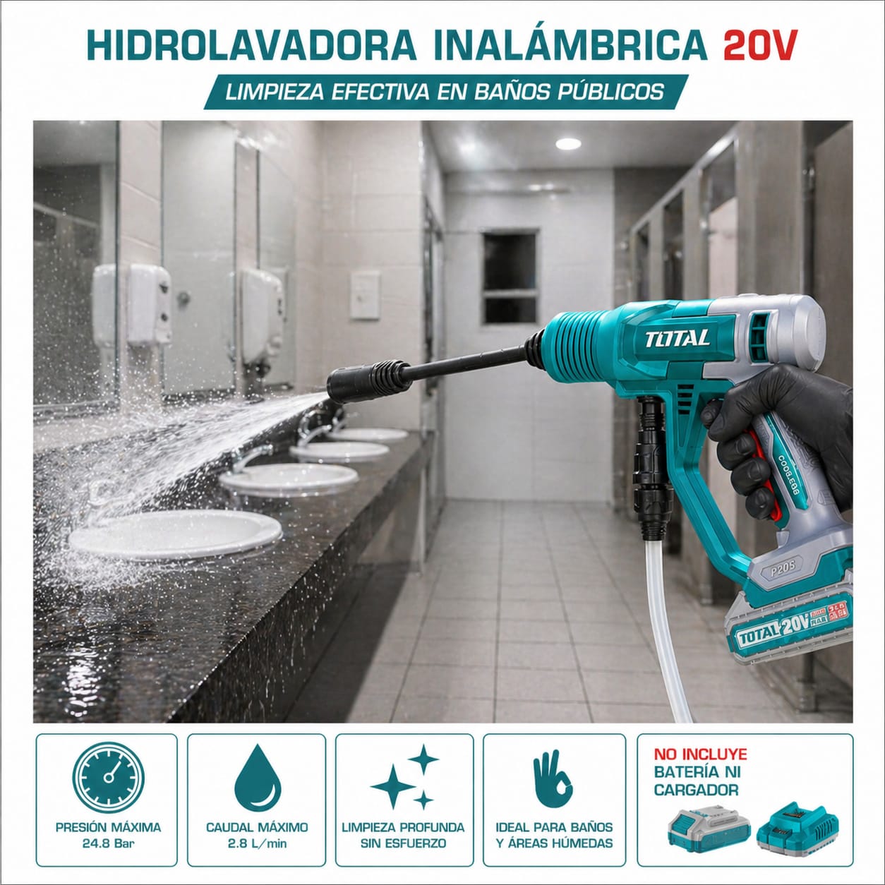HIDROLAVADORA INALÁMBRICA PORTÁTIL TOTAL 20V SIN BATERÍA NI CARGADOR TPWLI2036 - 4