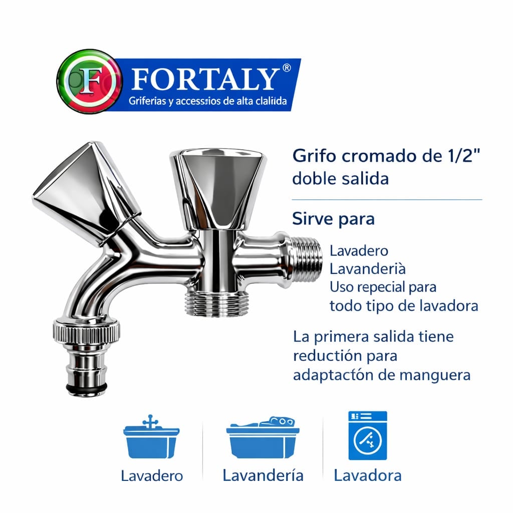 GRIFO DOBLE SALIDA PARA LAVANDERÍA LAVADERO Y JARDÍN CROMADO FORTALY - 2