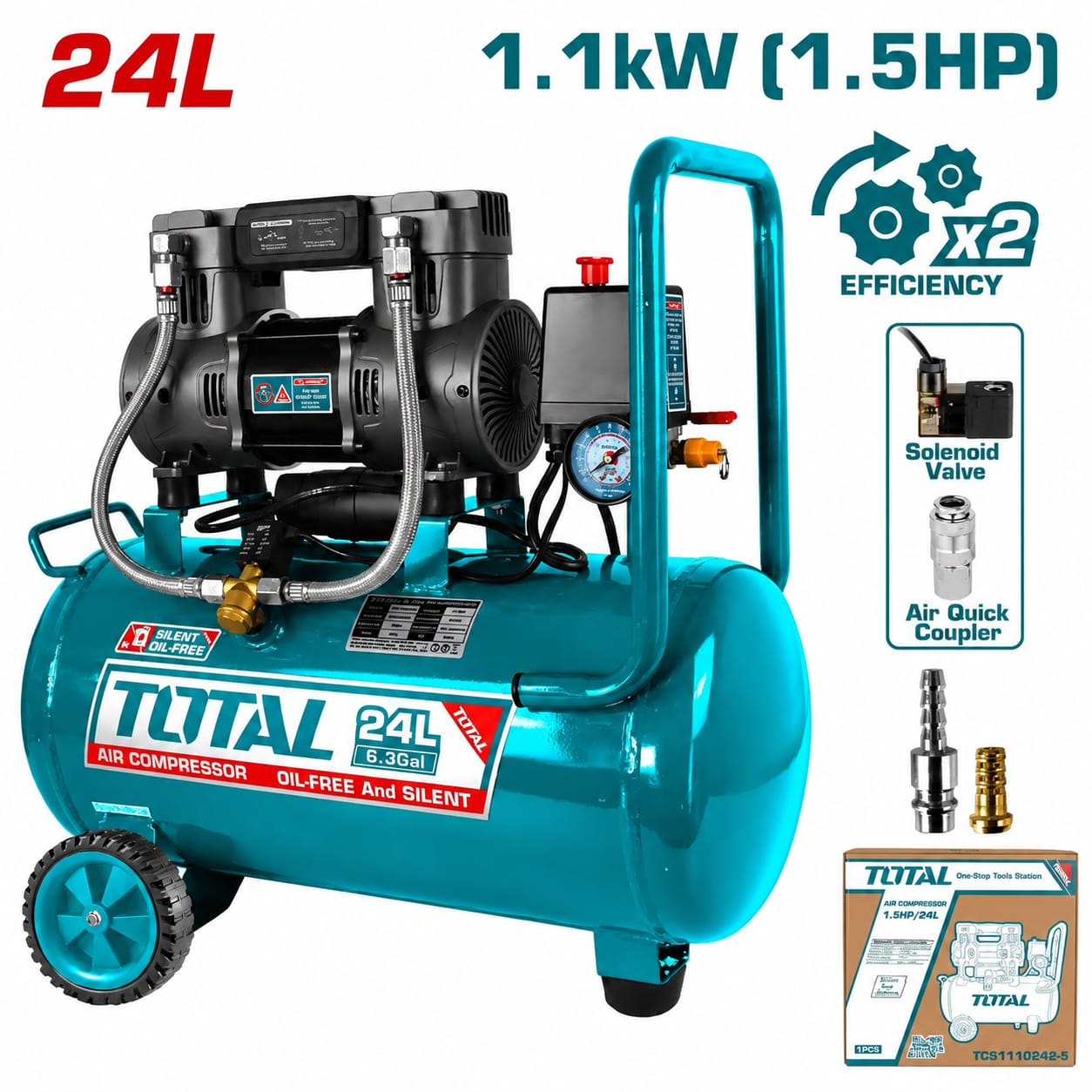 COMPRESORA DE AIRE TOTAL 24L 1.5HP 1100W SILENCIOSA OIL FREE - 1