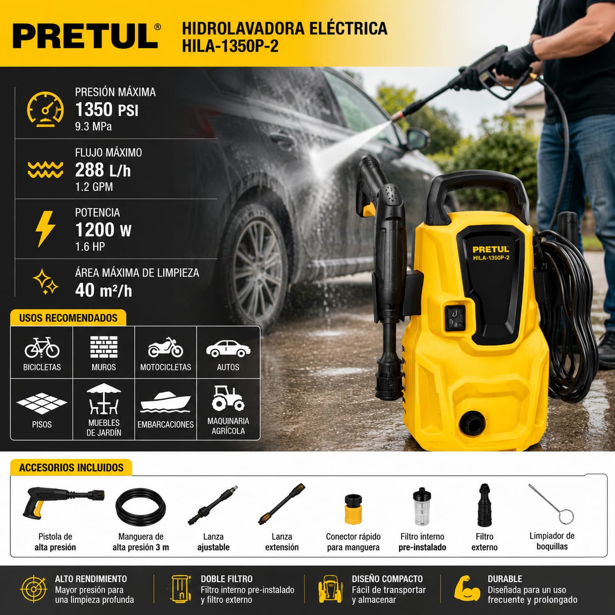 HIDROLAVADORA ELÉCTRICA PRETUL 1200W 1350 PSI HILA-1350P-2 - 5
