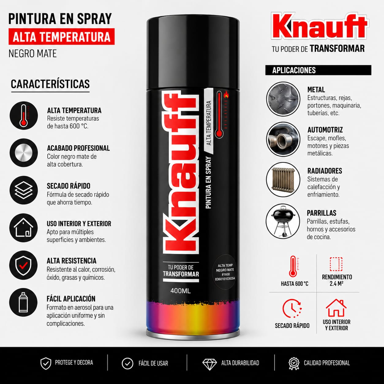 PINTURA EN SPRAY KNAUFF ALTA TEMPERATURA 400 ML NEGRO MATE 600°C - 2