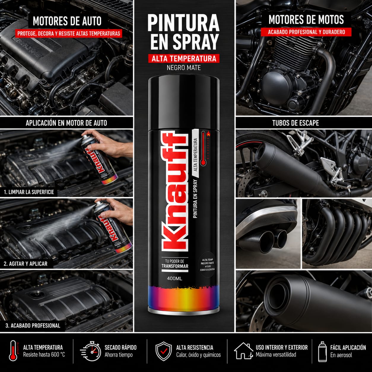 PINTURA EN SPRAY KNAUFF ALTA TEMPERATURA 400 ML NEGRO MATE 600°C - 4