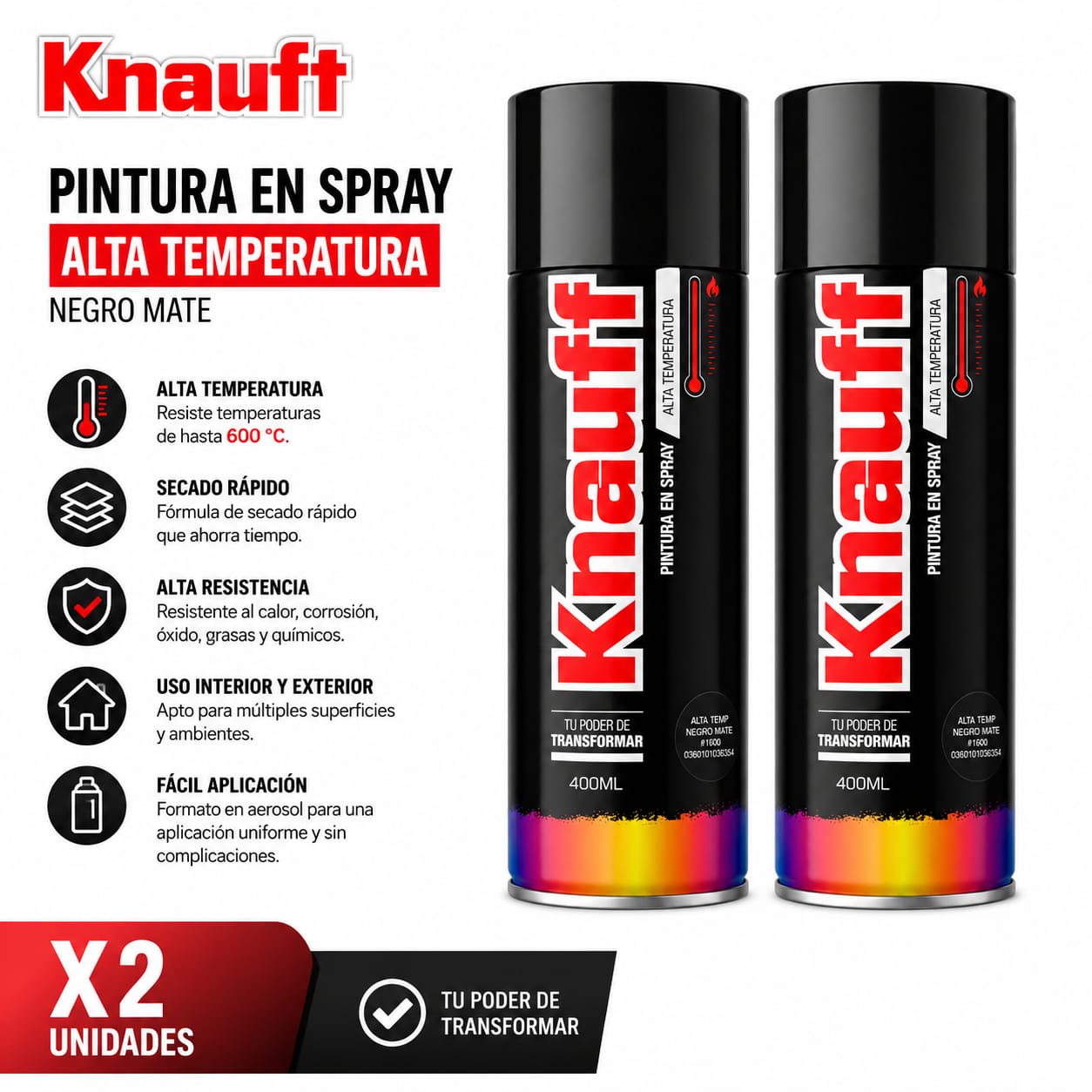 PINTURA EN SPRAY KNAUFF ALTA TEMPERATURA 400 ML PACK 2 UND NEGRO MATE 600°C - 1