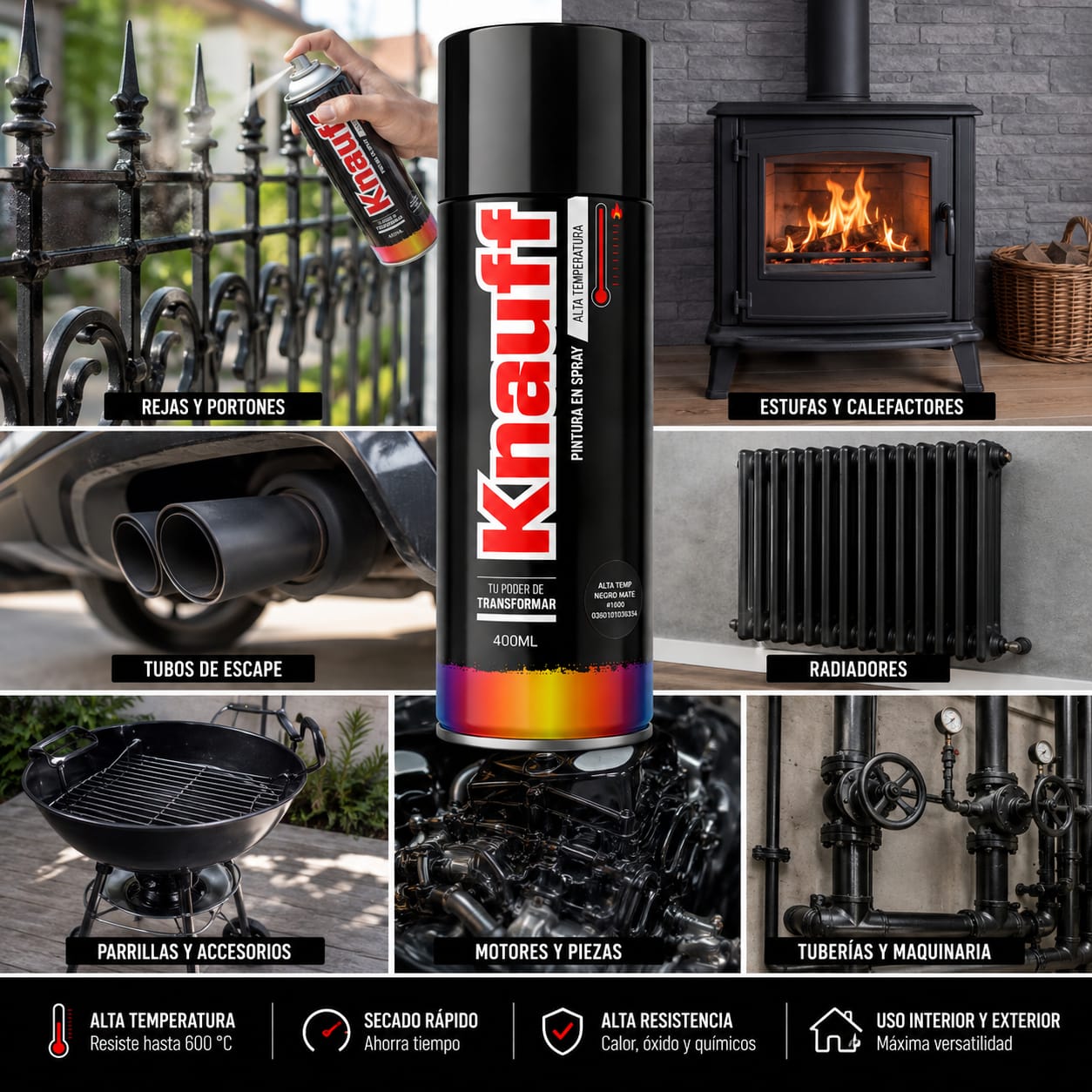 PINTURA EN SPRAY KNAUFF ALTA TEMPERATURA 400 ML PACK 2 UND NEGRO MATE 600°C - 4
