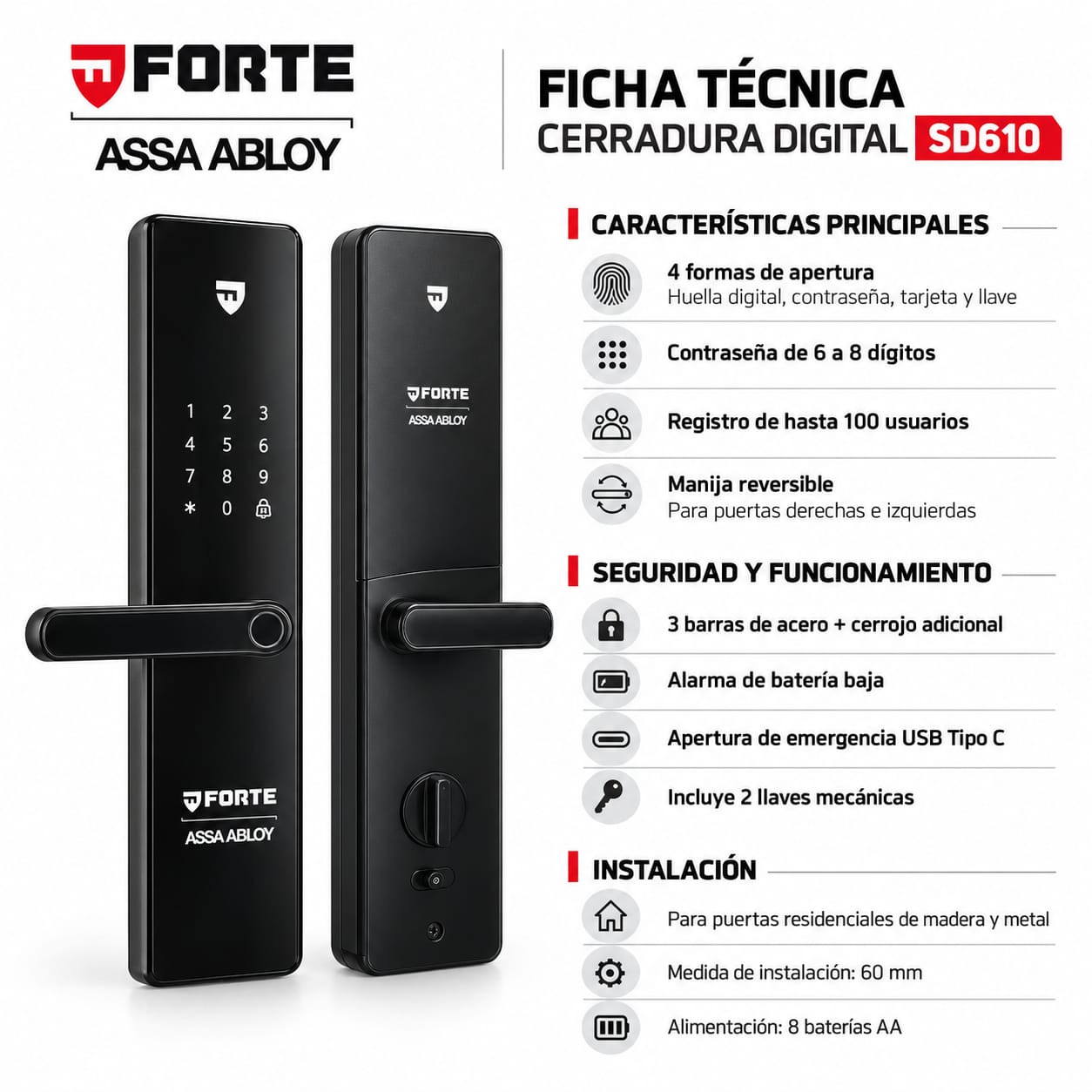 CERRADURA DIGITAL FORTE SD610 PUERTA PRINCIPAL ALTA SEGURIDAD - 2