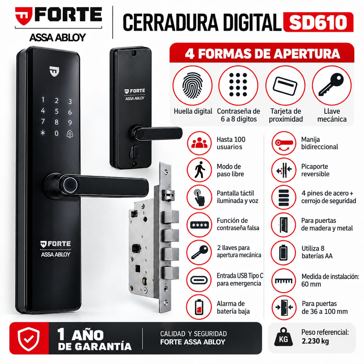 CERRADURA DIGITAL FORTE SD610 PUERTA PRINCIPAL ALTA SEGURIDAD - 4