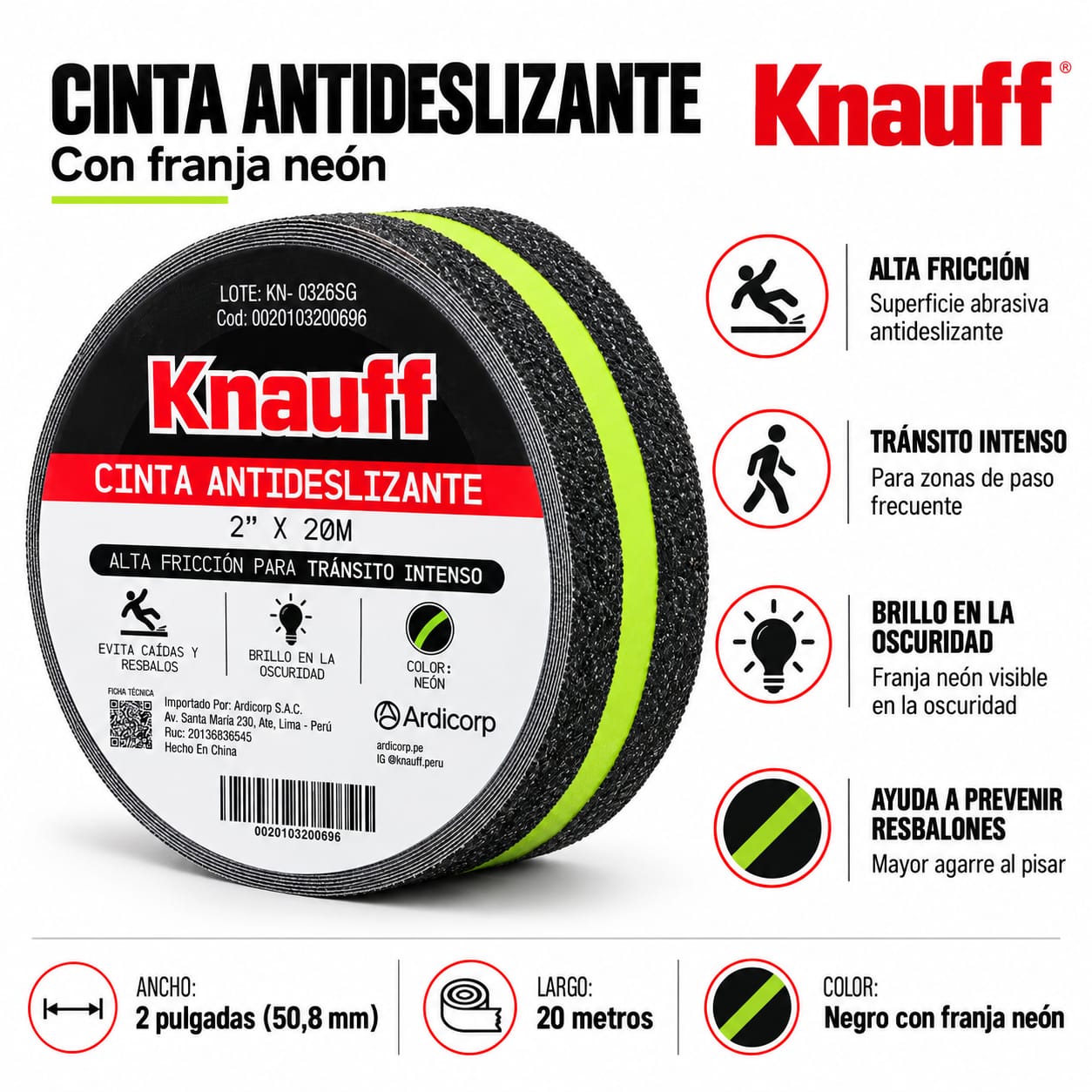 CINTA ANTIDESLIZANTE FOTOLUMINISCENTE KNAUFF 2 PULGADAS X 20 METROS ALTA ADHESIÓN - 2